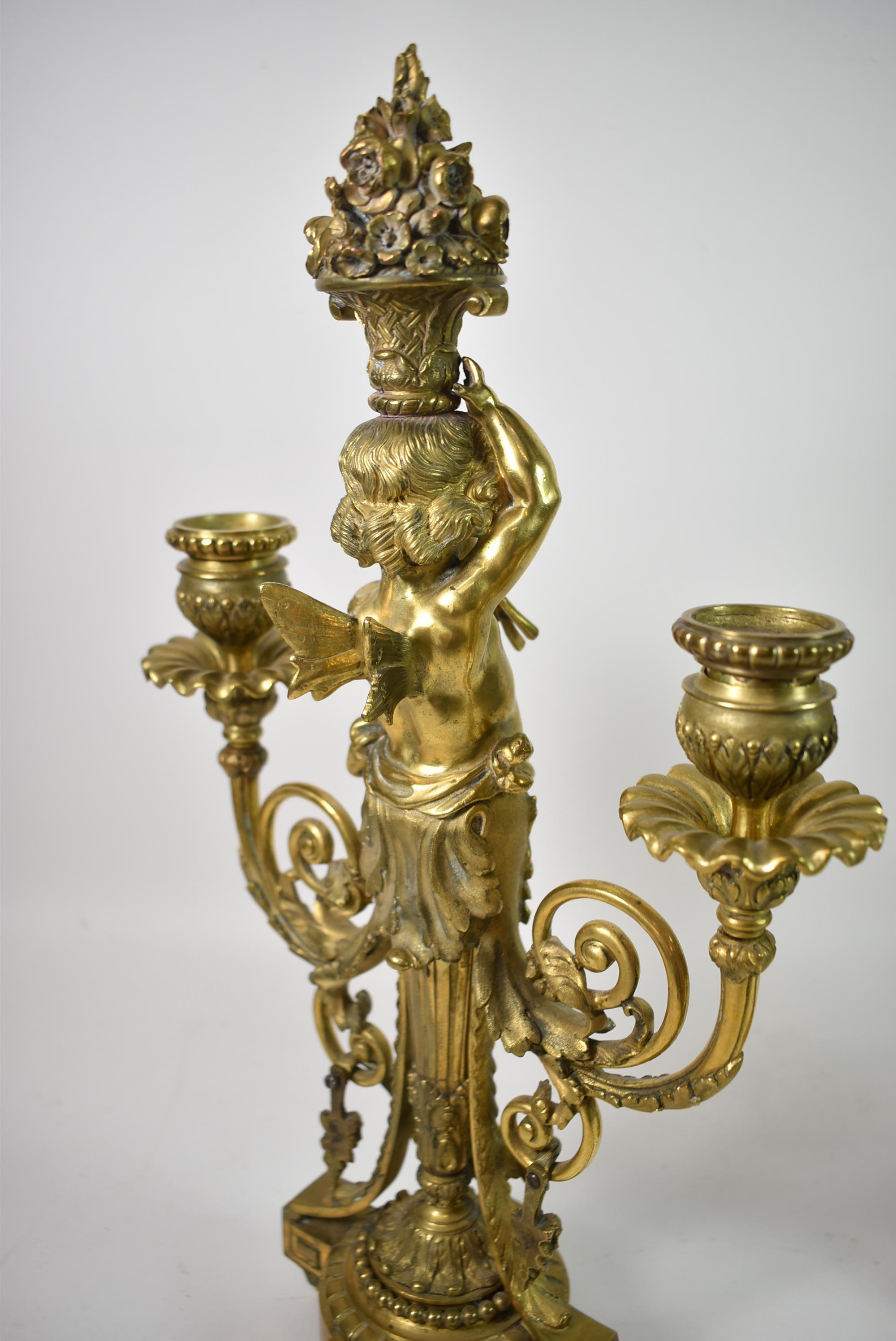 Pair French Neoclassical Gilded Bronze Putti Cherub Candelabras For Sale 4