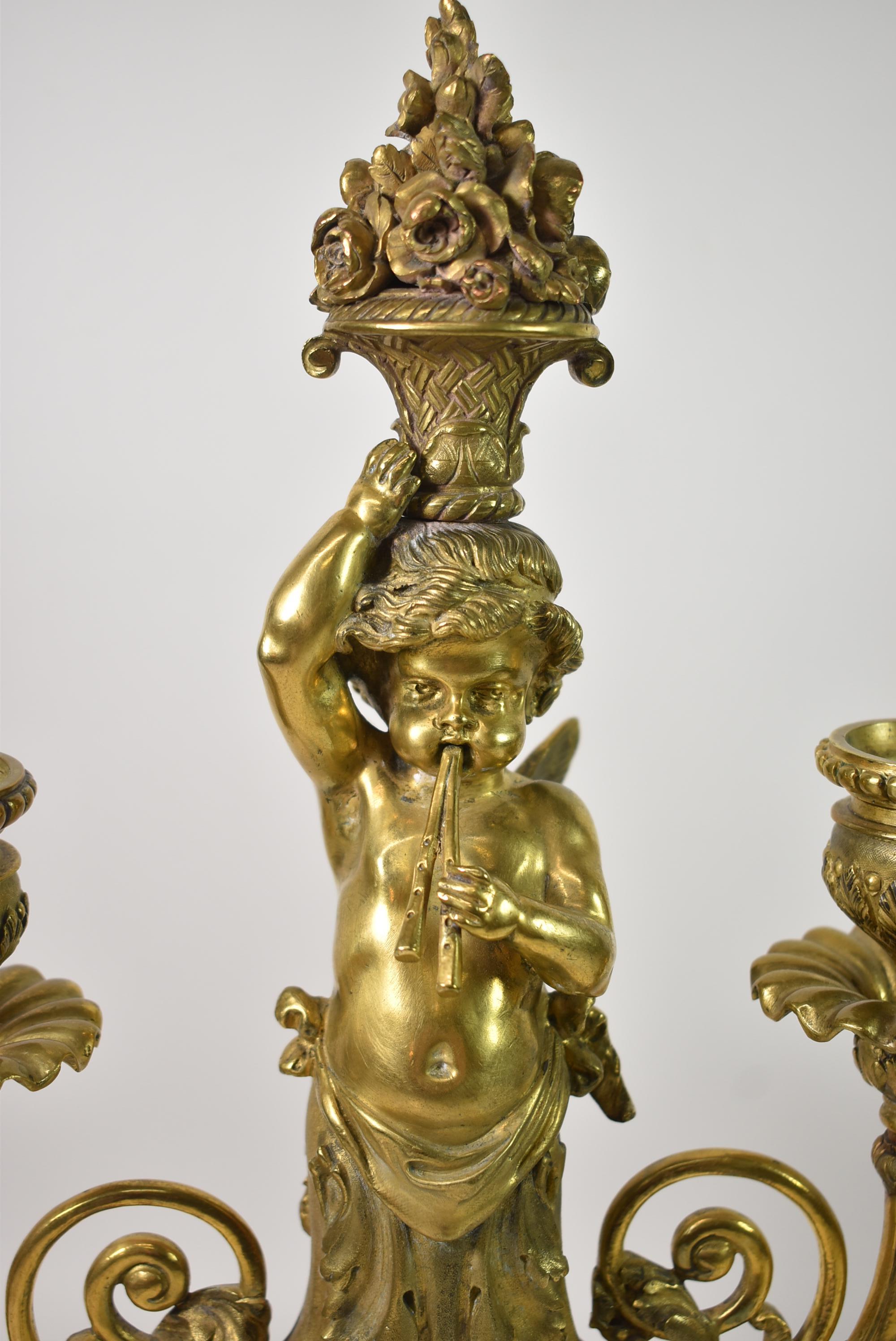 Art Nouveau Pair French Neoclassical Gilded Bronze Putti Cherub Candelabras For Sale