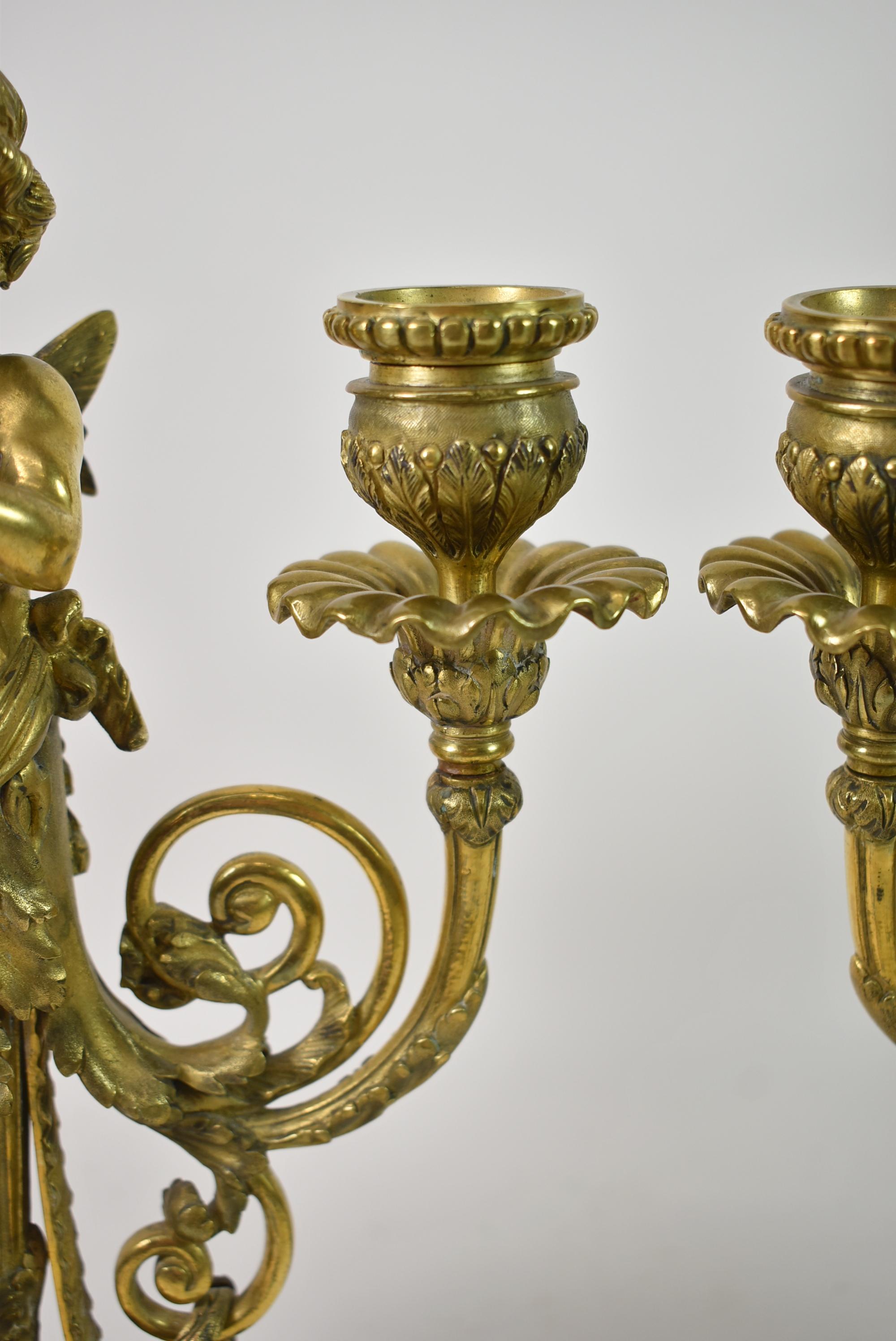 Pair French Neoclassical Gilded Bronze Putti Cherub Candelabras In Good Condition For Sale In Toledo, OH