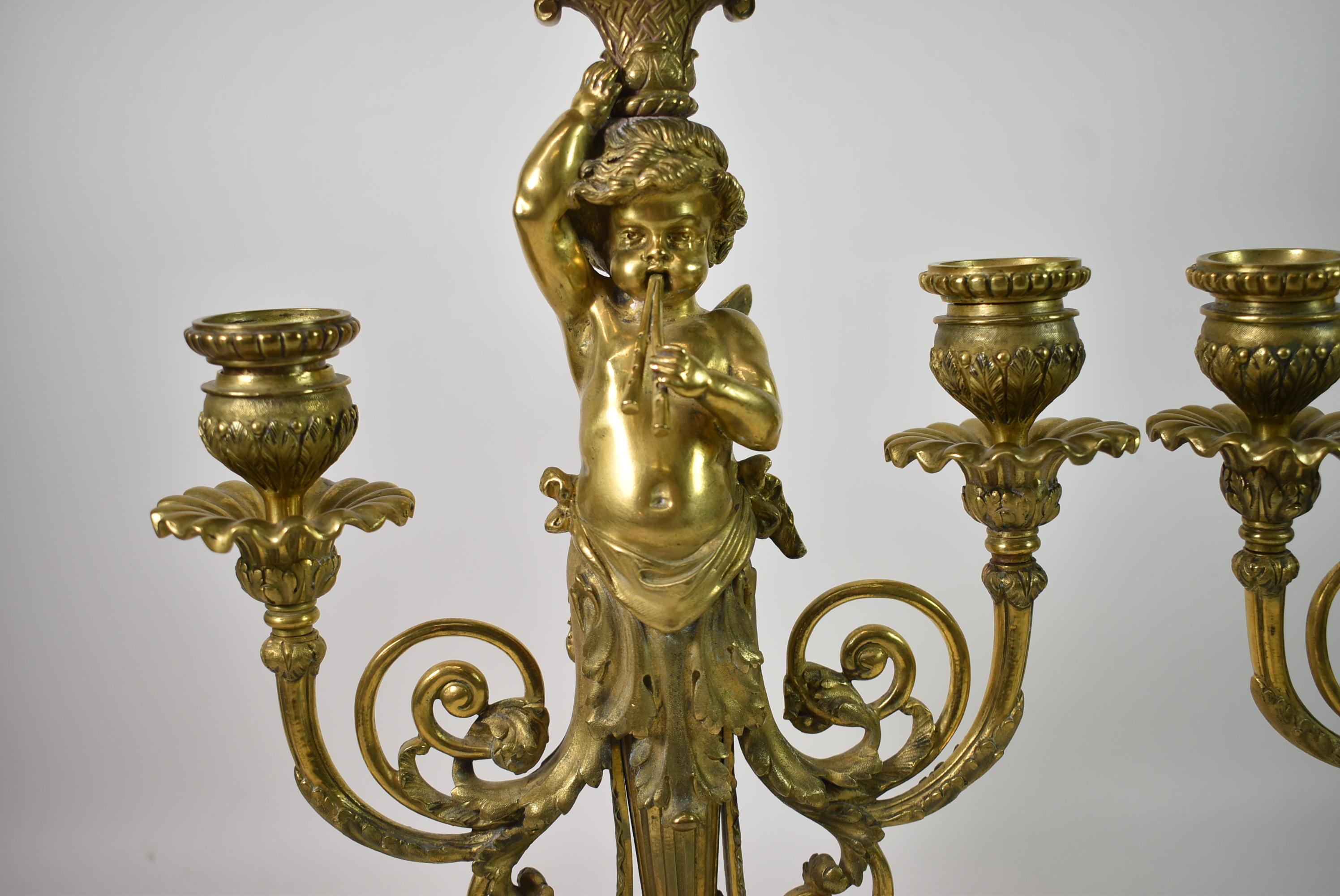 Early 20th Century Pair French Neoclassical Gilded Bronze Putti Cherub Candelabras For Sale