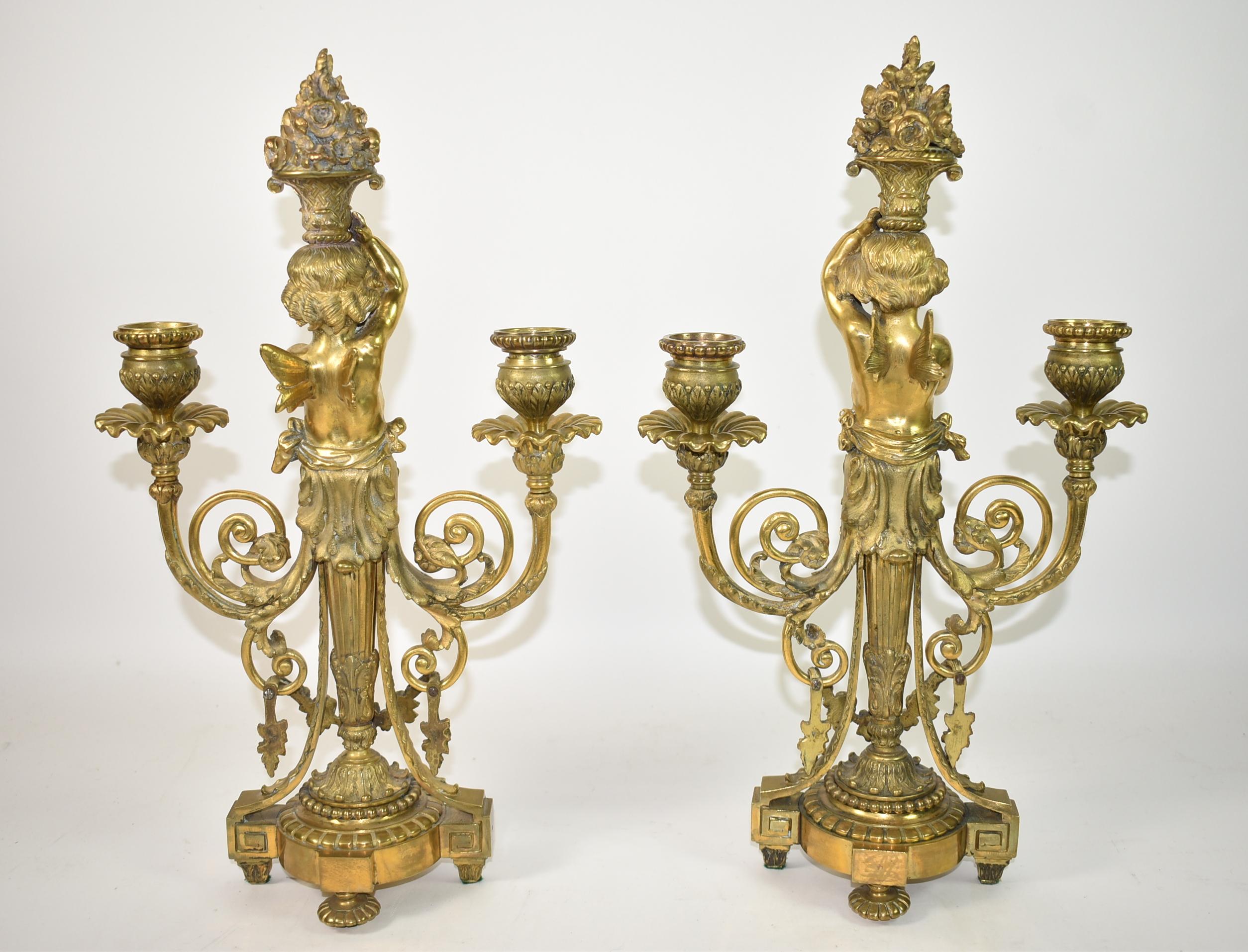 Pair French Neoclassical Gilded Bronze Putti Cherub Candelabras For Sale 1