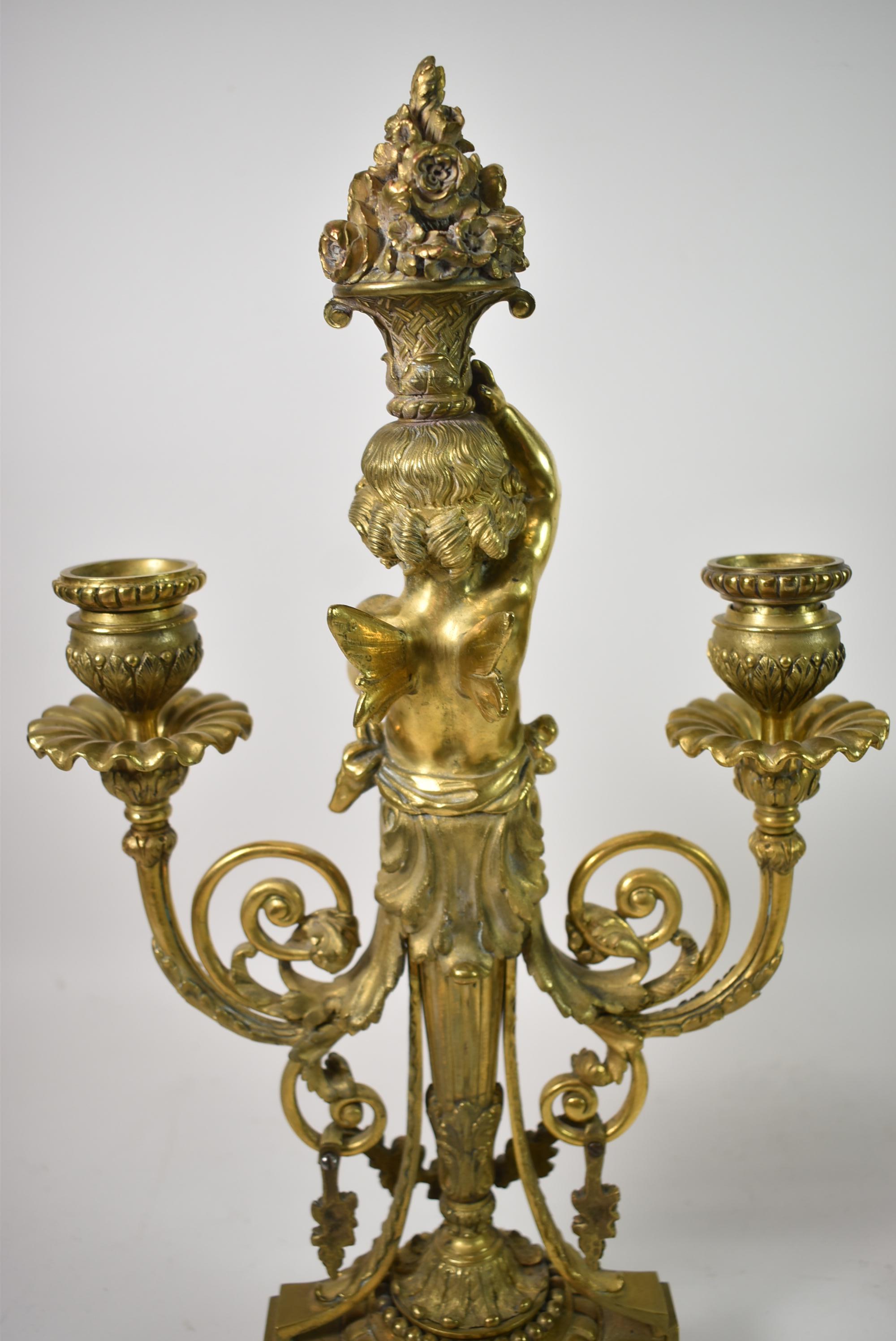 Pair French Neoclassical Gilded Bronze Putti Cherub Candelabras For Sale 2