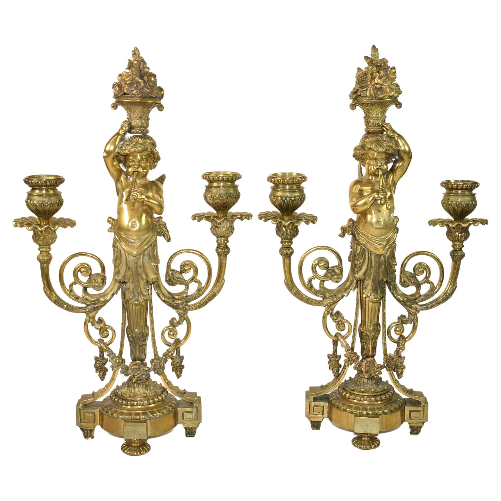Pair French Neoclassical Gilded Bronze Putti Cherub Candelabras