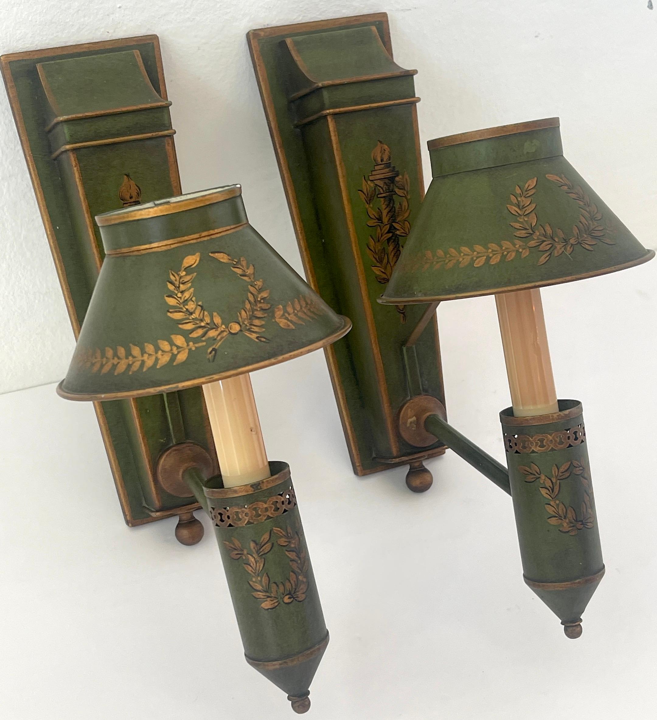 Polychromed Pair French Neoclassical Olive Green Tole & Gilt Sconces with Shades