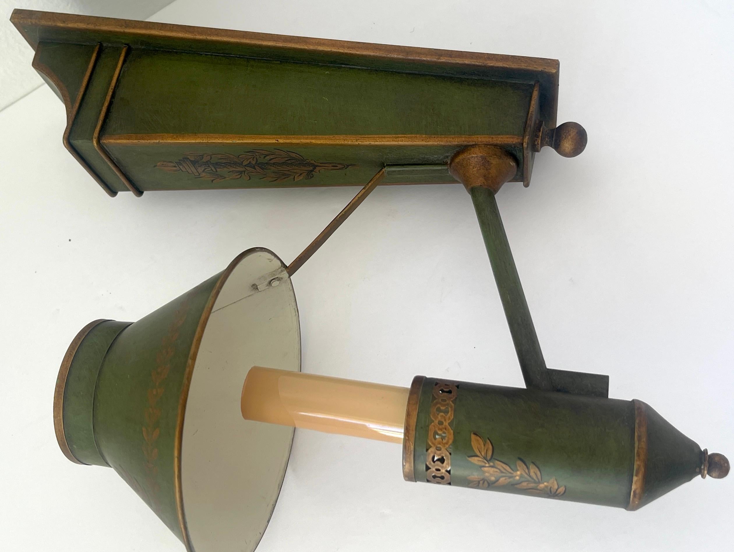 20th Century Pair French Neoclassical Olive Green Tole & Gilt Sconces with Shades