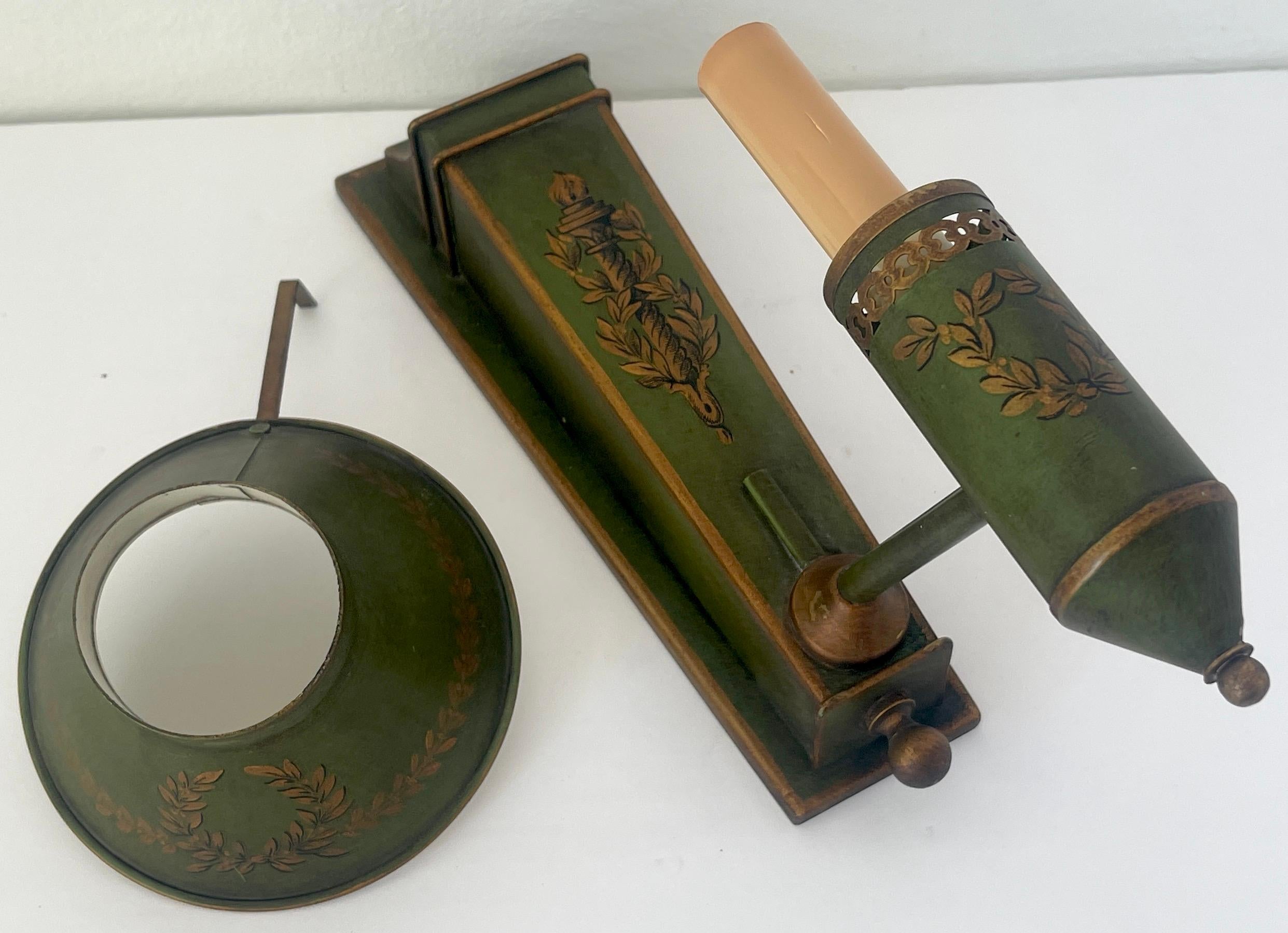 Metal Pair French Neoclassical Olive Green Tole & Gilt Sconces with Shades