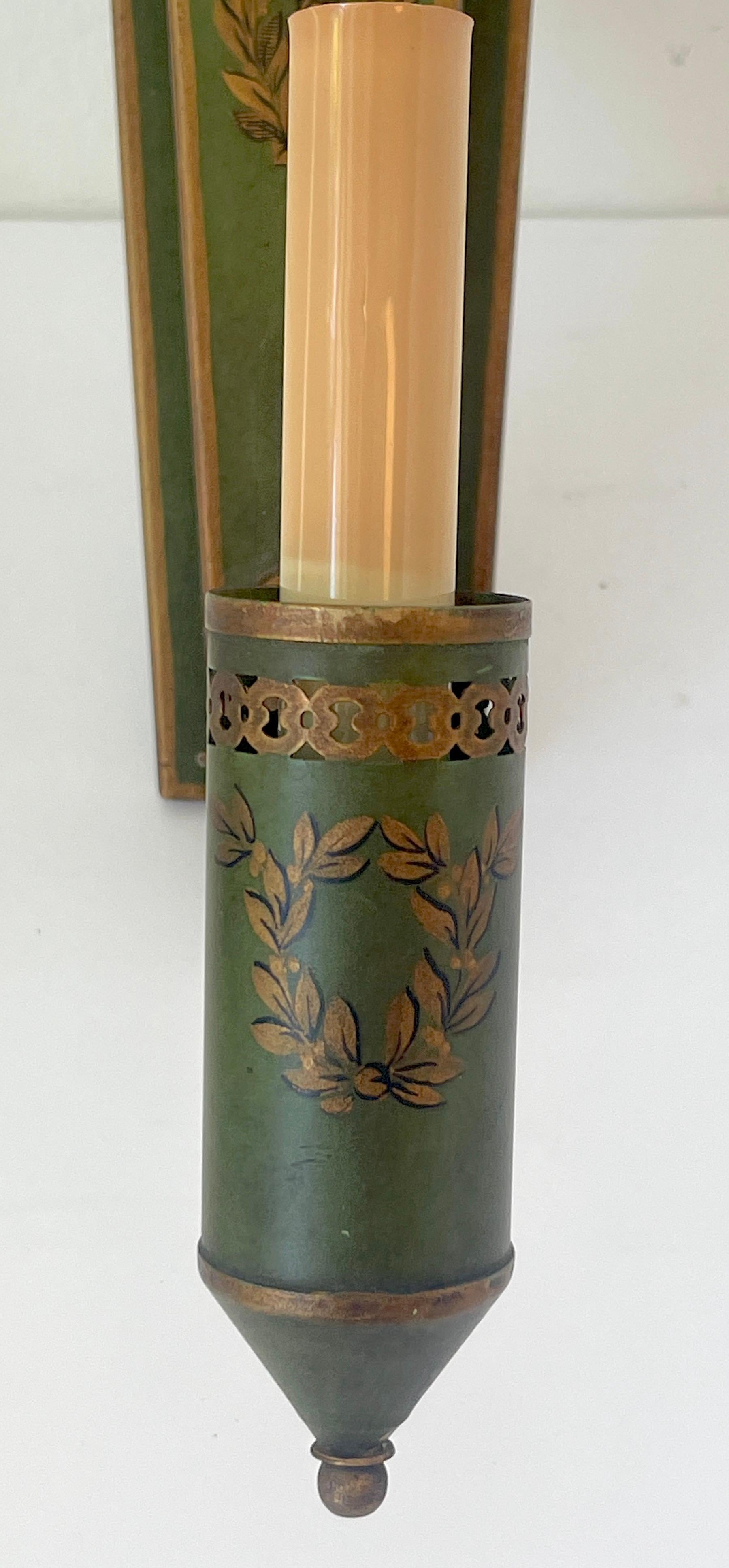 Pair French Neoclassical Olive Green Tole & Gilt Sconces with Shades 1