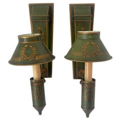 Pair French Neoclassical Olive Green Tole & Gilt Sconces with Shades