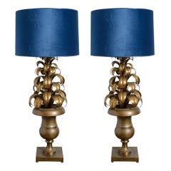 Pair French Neoclassical style Brass Palm Frond Tole Table Lamp