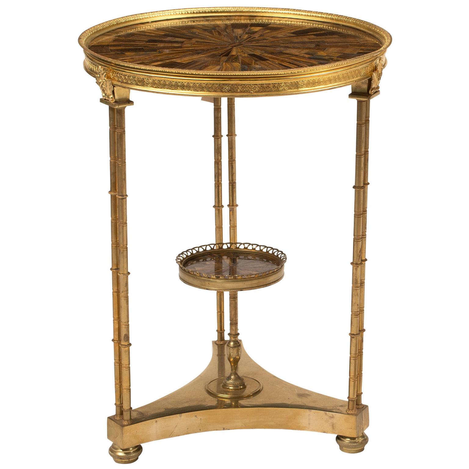 Neoclassical Revival Pair of Neoclassical-Style Gilt Bronze Round Side Tables with Tiger-Eye Tops
