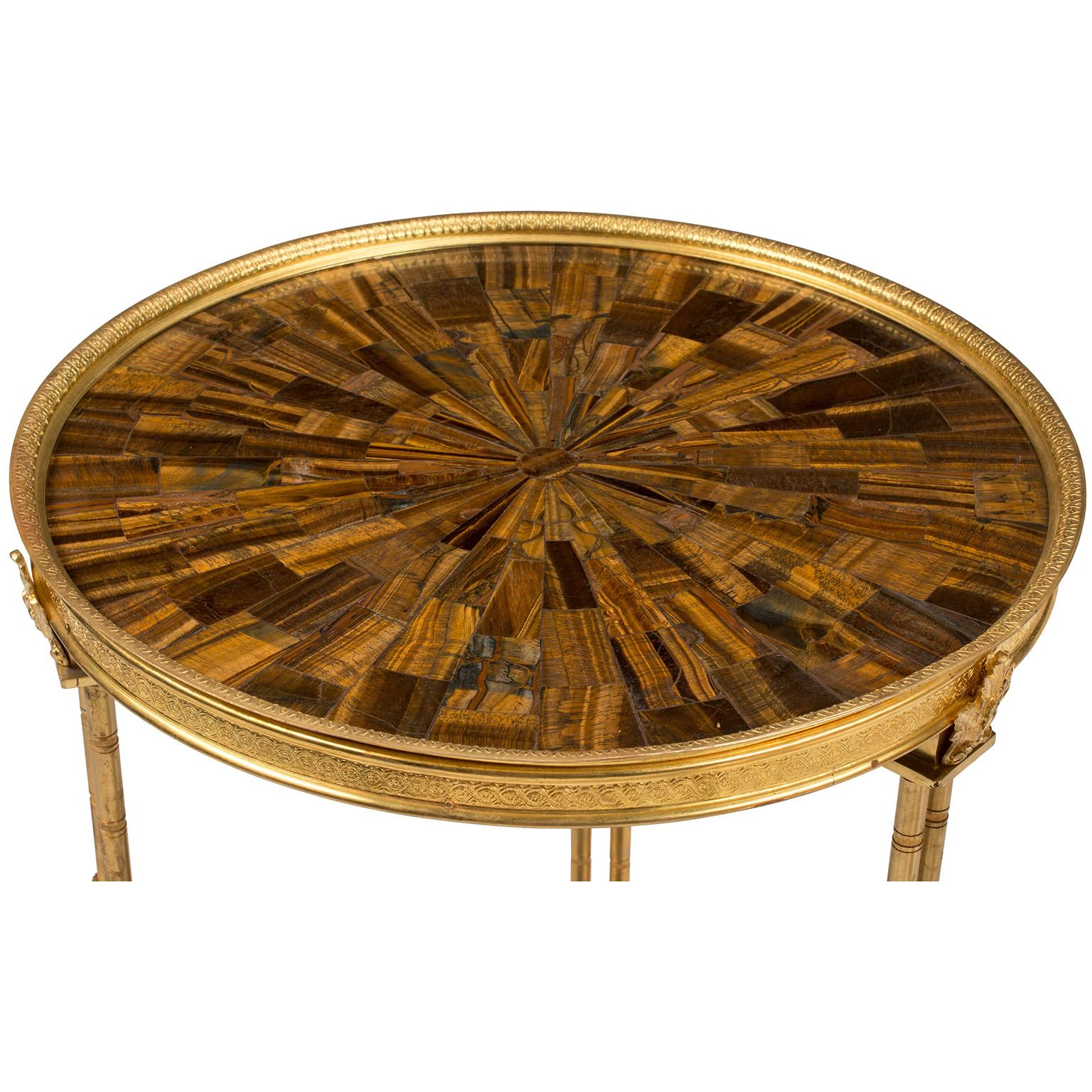 French Pair of Neoclassical-Style Gilt Bronze Round Side Tables with Tiger-Eye Tops