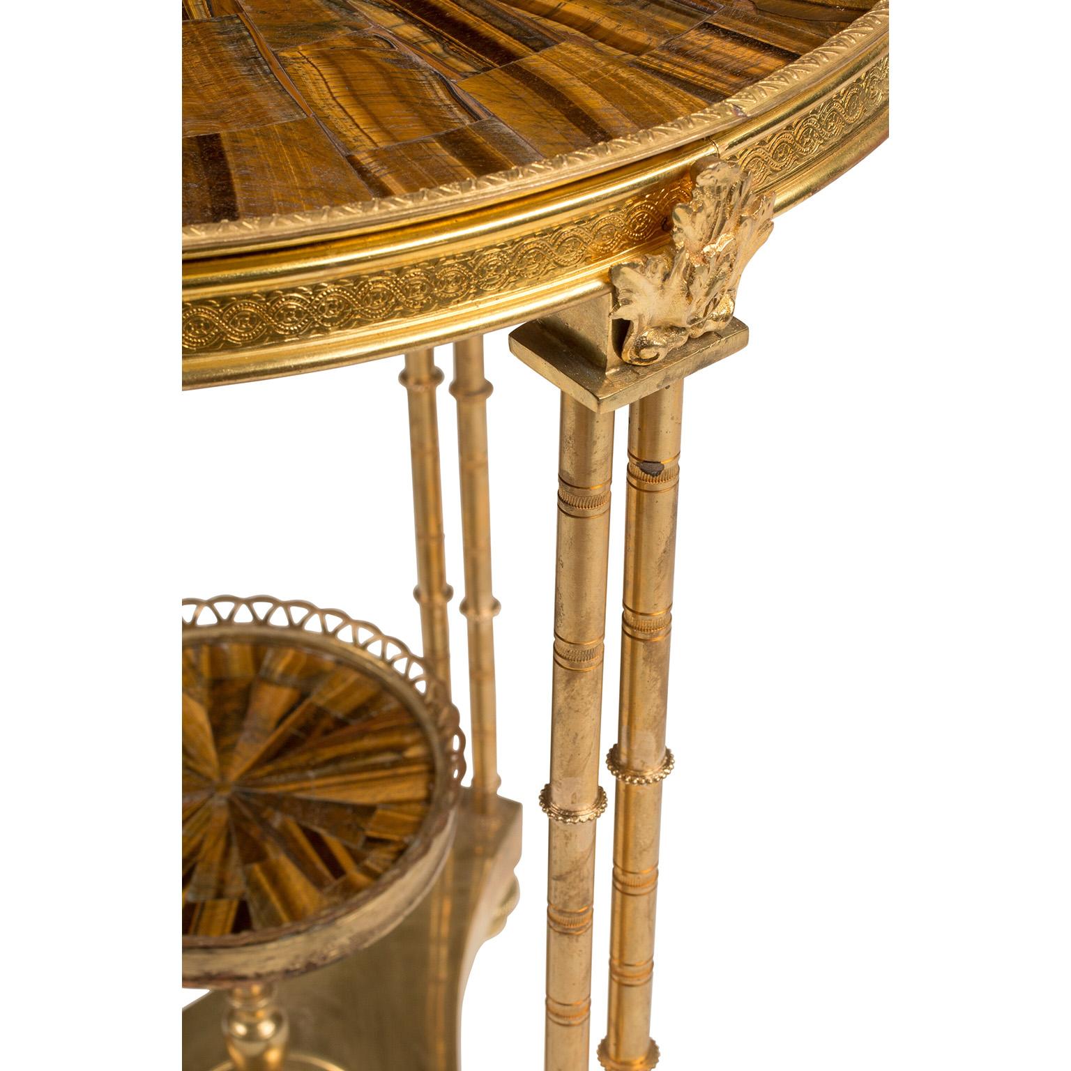 Inlay Pair of Neoclassical-Style Gilt Bronze Round Side Tables with Tiger-Eye Tops