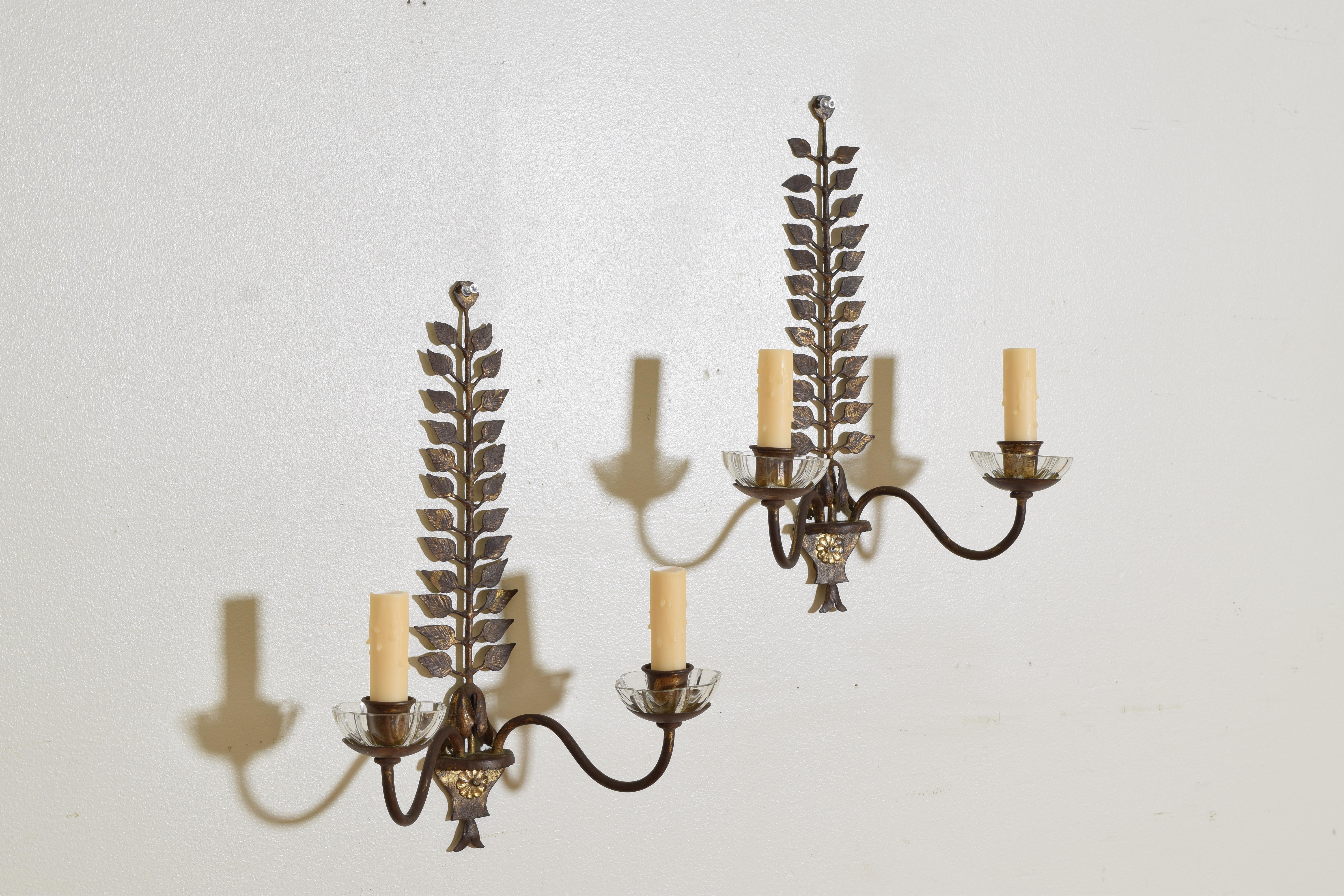 Pair French Neoclassical Style Gilt Metal & Glass 2-Light Sconces, ca. 1940 In Good Condition In Atlanta, GA