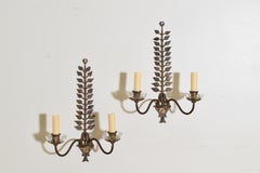 Pair French Neoclassical Style Gilt Metal & Glass 2-Light Sconces, ca. 1940