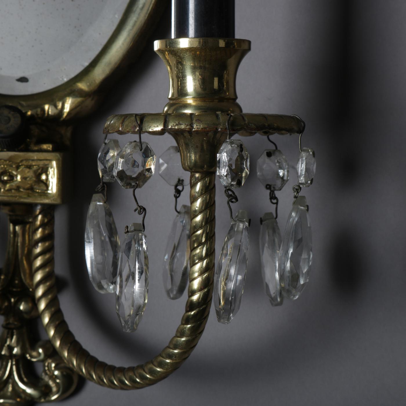 French Neoclassical Urn & Rope Twist Double Candle & Mirrored Wall Sconces, Pair In Good Condition In Big Flats, NY