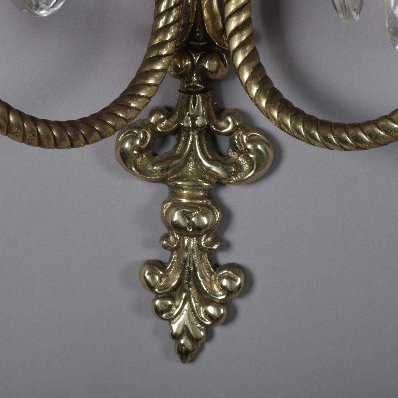 20th Century French Neoclassical Urn & Rope Twist Double Candle & Mirrored Wall Sconces, Pair