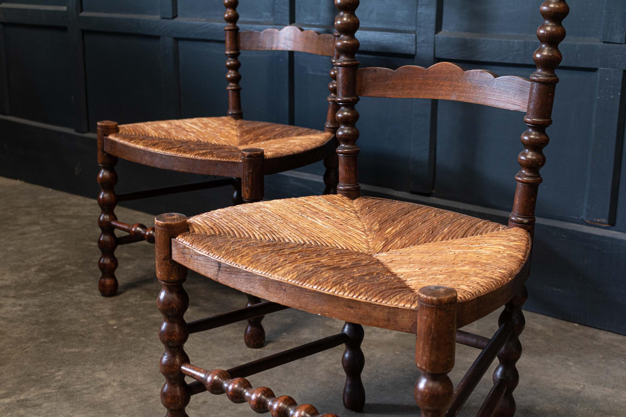 Pair French Oak Provincial Rush Bobbin Chairs 2