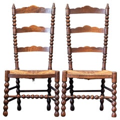Pair French Oak Provincial Rush Bobbin Chairs