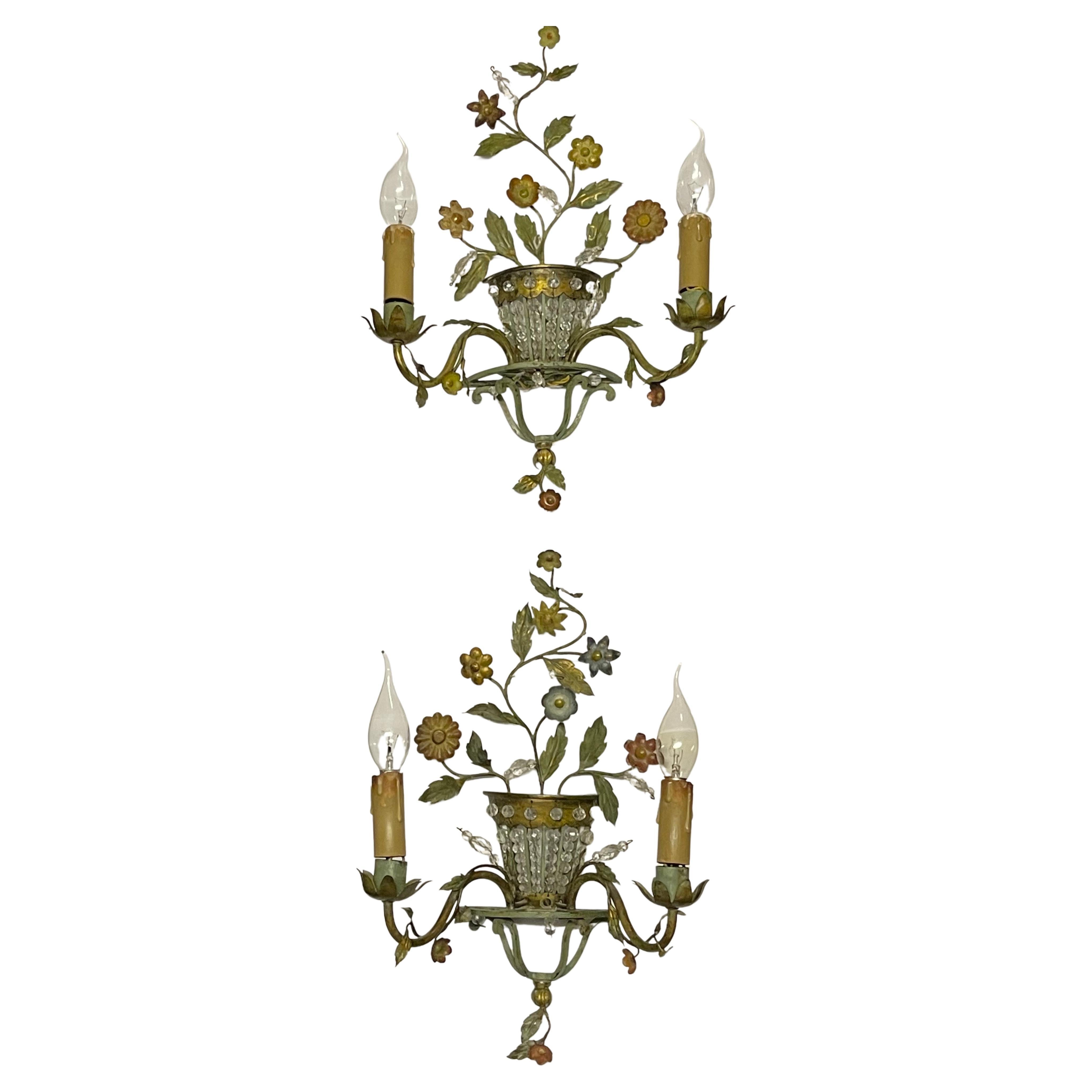 Pair of French Patinated Bronze Flower and Leaves Wall Sconces, circa 1920s For Sale 6