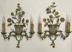 Pair of French Patinated Bronze Flower and Leaves Wall Sconces, circa 1920s