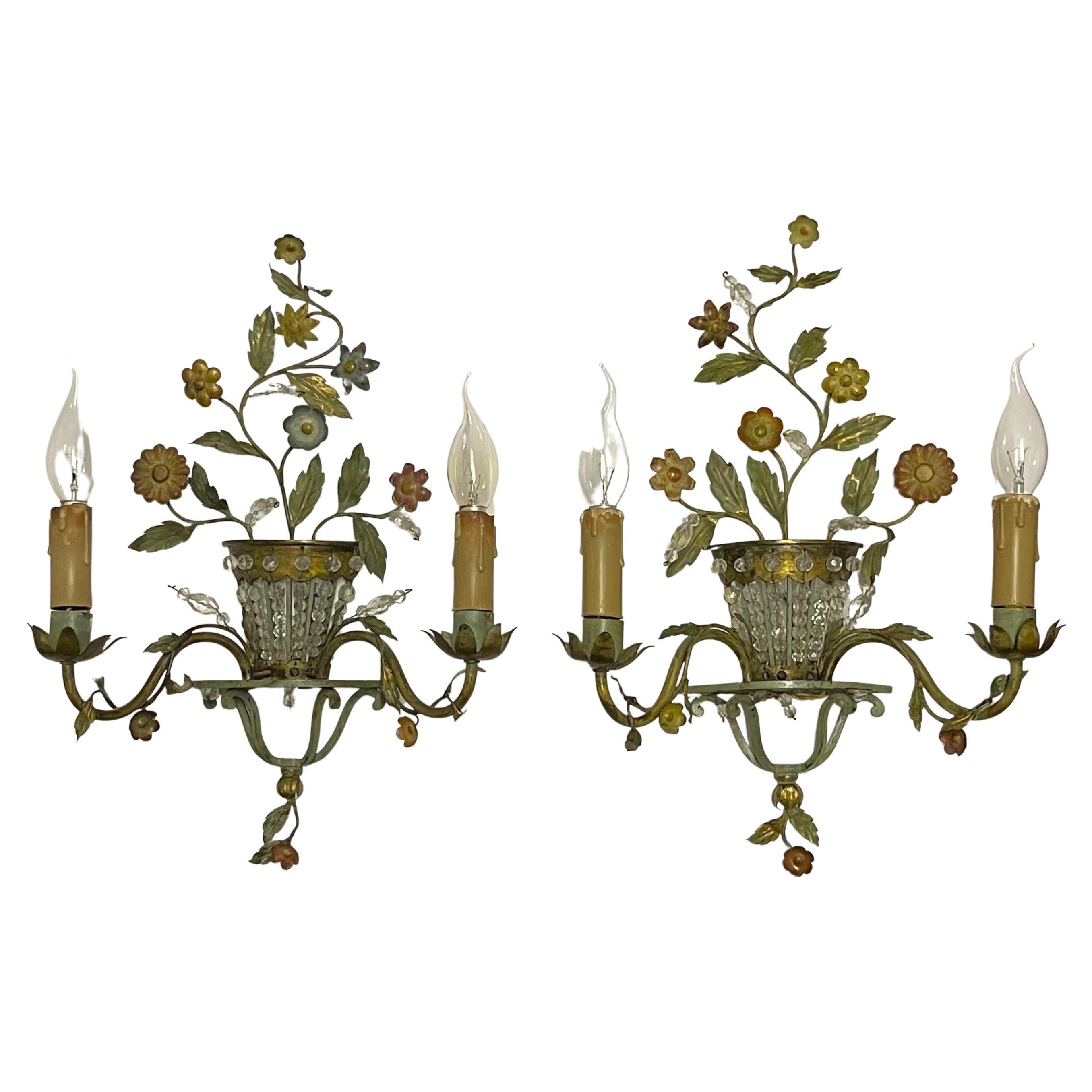 Pair of French Patinated Bronze Flower and Leaves Wall Sconces, circa 1920s For Sale
