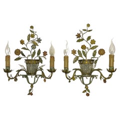 Pair of French Patinated Bronze Flower and Leaves Wall Sconces, circa 1920s