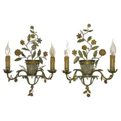 Coppia di applique francesi in bronzo patinato con fiori e foglie, anni '20 circa