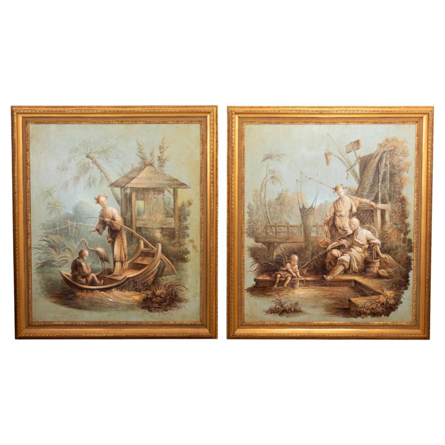 Pair French Oil on Canvas Painting Chinoiserie