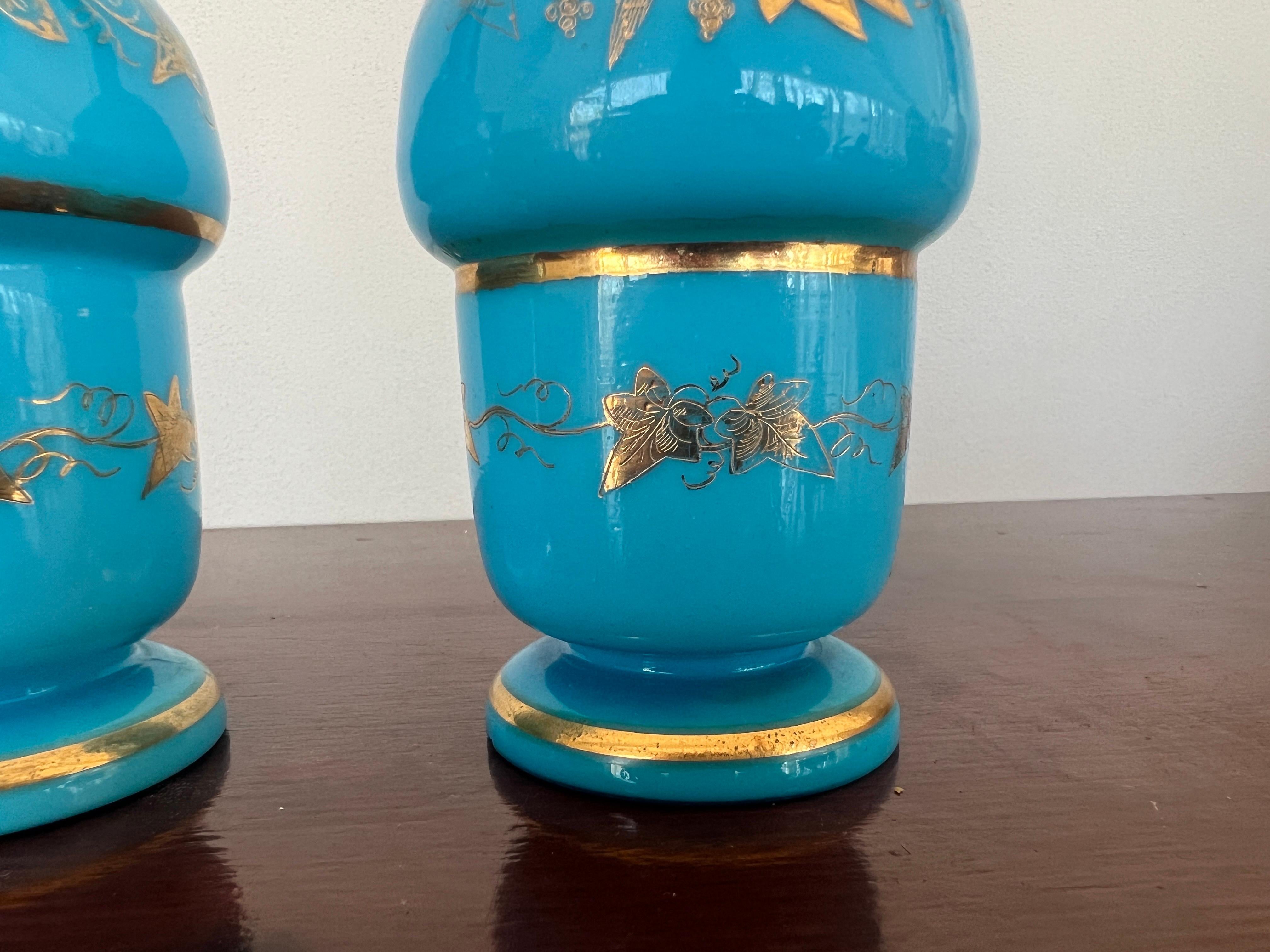 Pair, French Opaline & Gilt Decorated Vases In Good Condition For Sale In Atlanta, GA