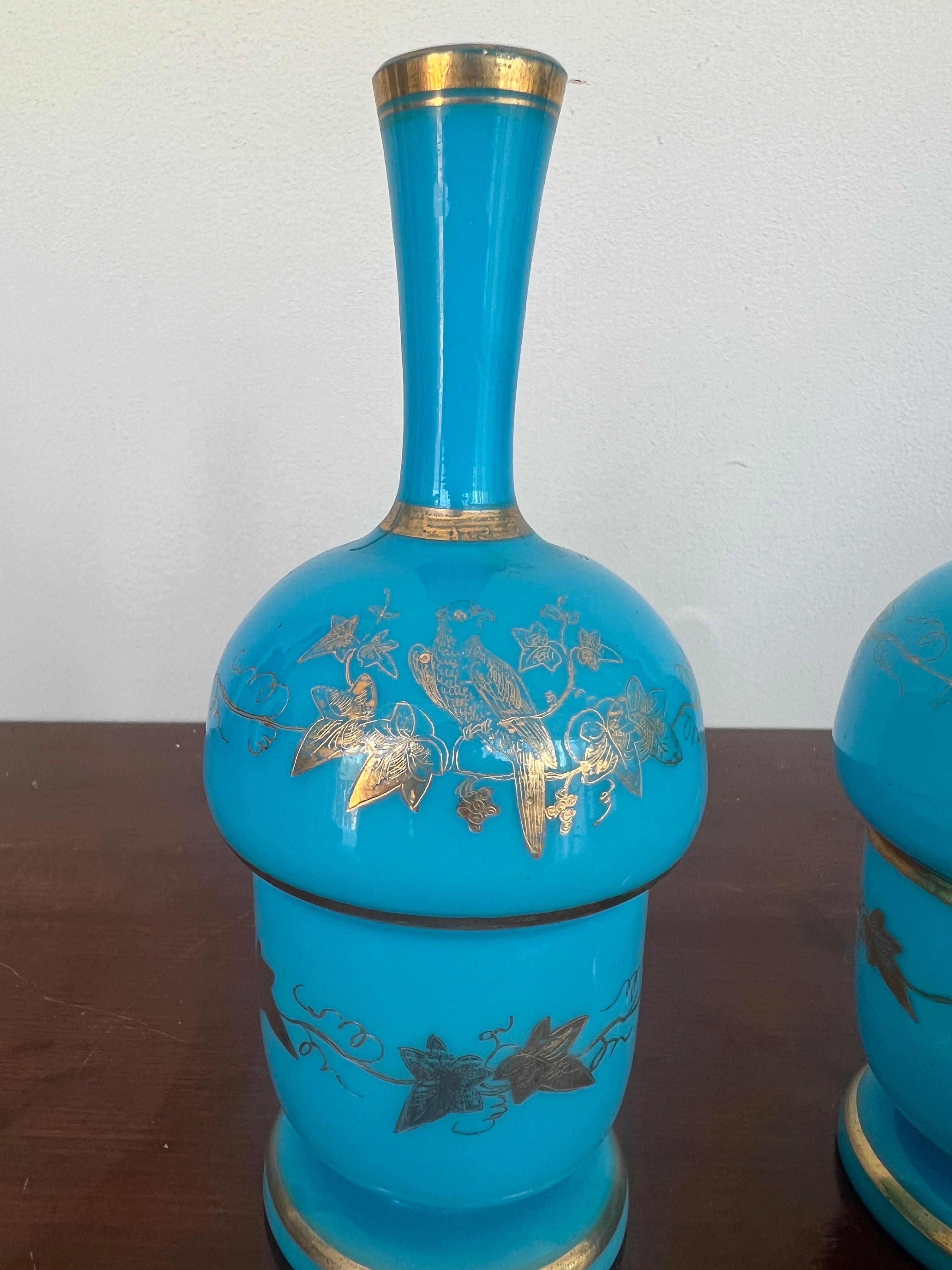 20th Century Pair, French Opaline & Gilt Decorated Vases For Sale