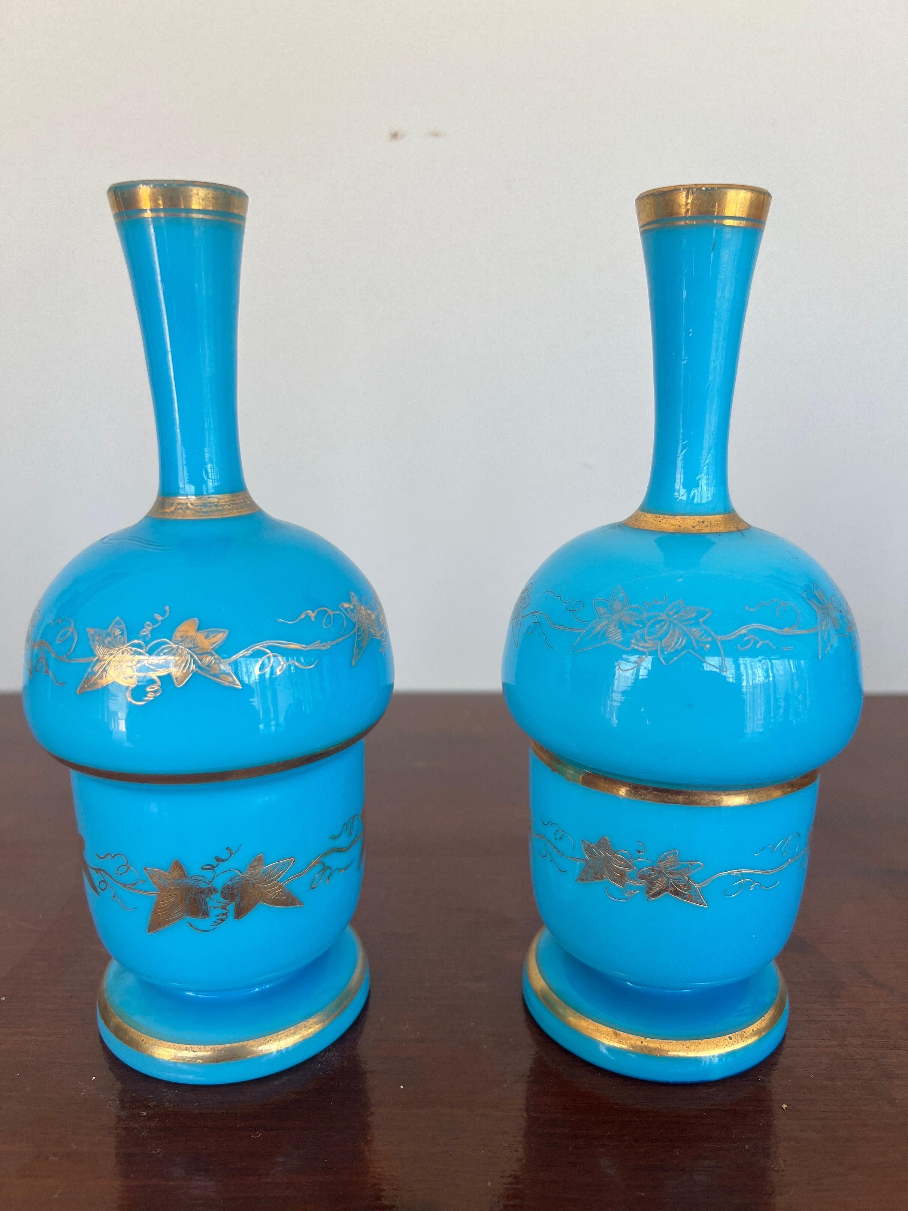 Pair, French Opaline & Gilt Decorated Vases For Sale 3
