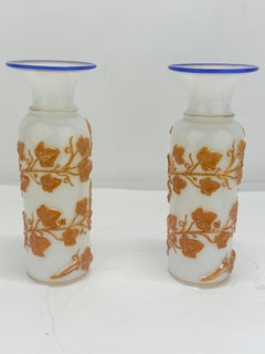 Pair French Opaline Ivy-Trail Vases with Cobalt Rims, c. 1860–80 Attr. Baccarat