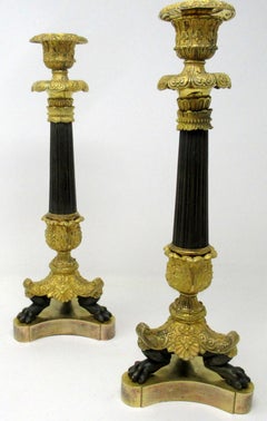 Pair of French Ormolu and Patinated Bronze Acanthus Empire-Style Candlesticks