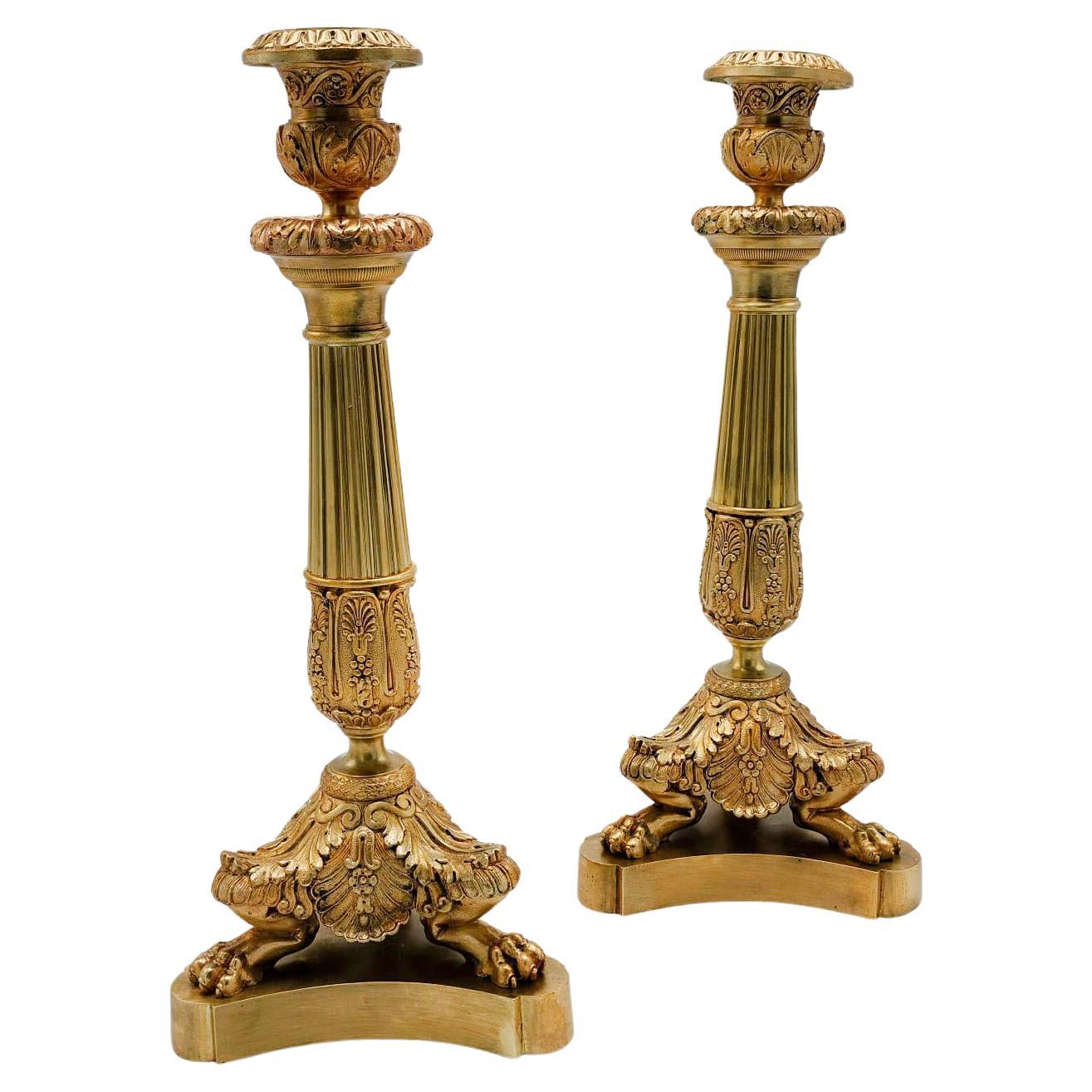 Pair French Ormolu Bronze Dore Victorian Candelabras Regency Candlesticks For Sale