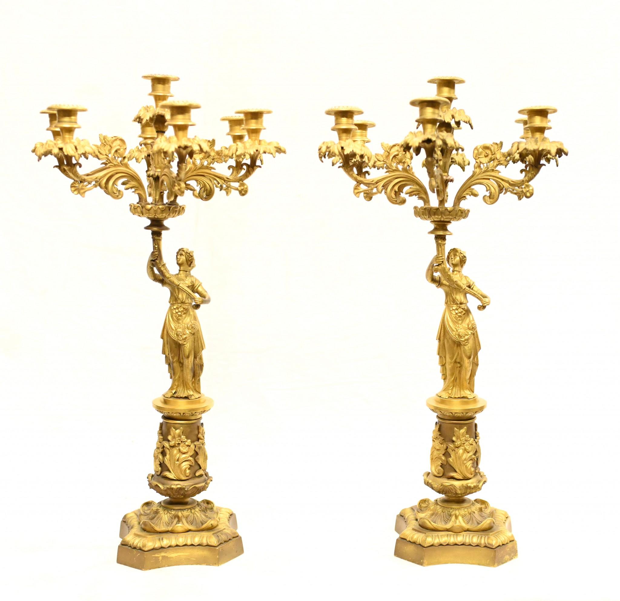 Pair French Ormolu Candelabras Maiden Antique 1880 In Good Condition For Sale In Potters Bar, GB