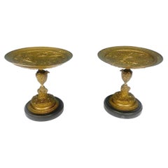 Pair French Ormolu Classical Tazzas on Marble Bases Bronze Dish c.1880