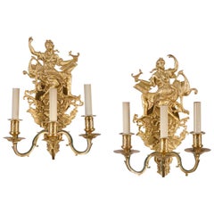 Pair French Ormolu Figural Three Light Wall Sconces