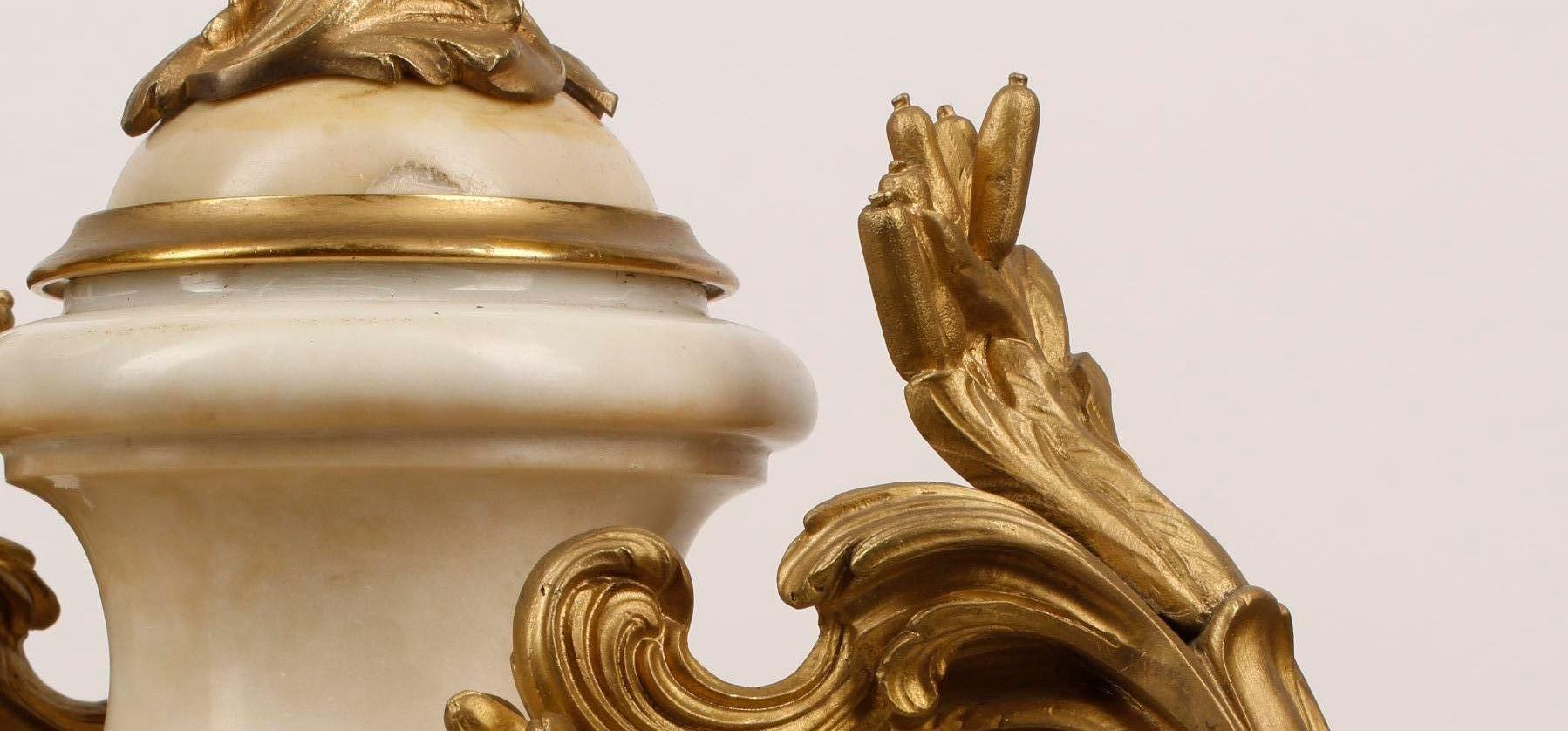 Cast French Pair Ormolu Mounted Marble Urns, Signed E. KAHN