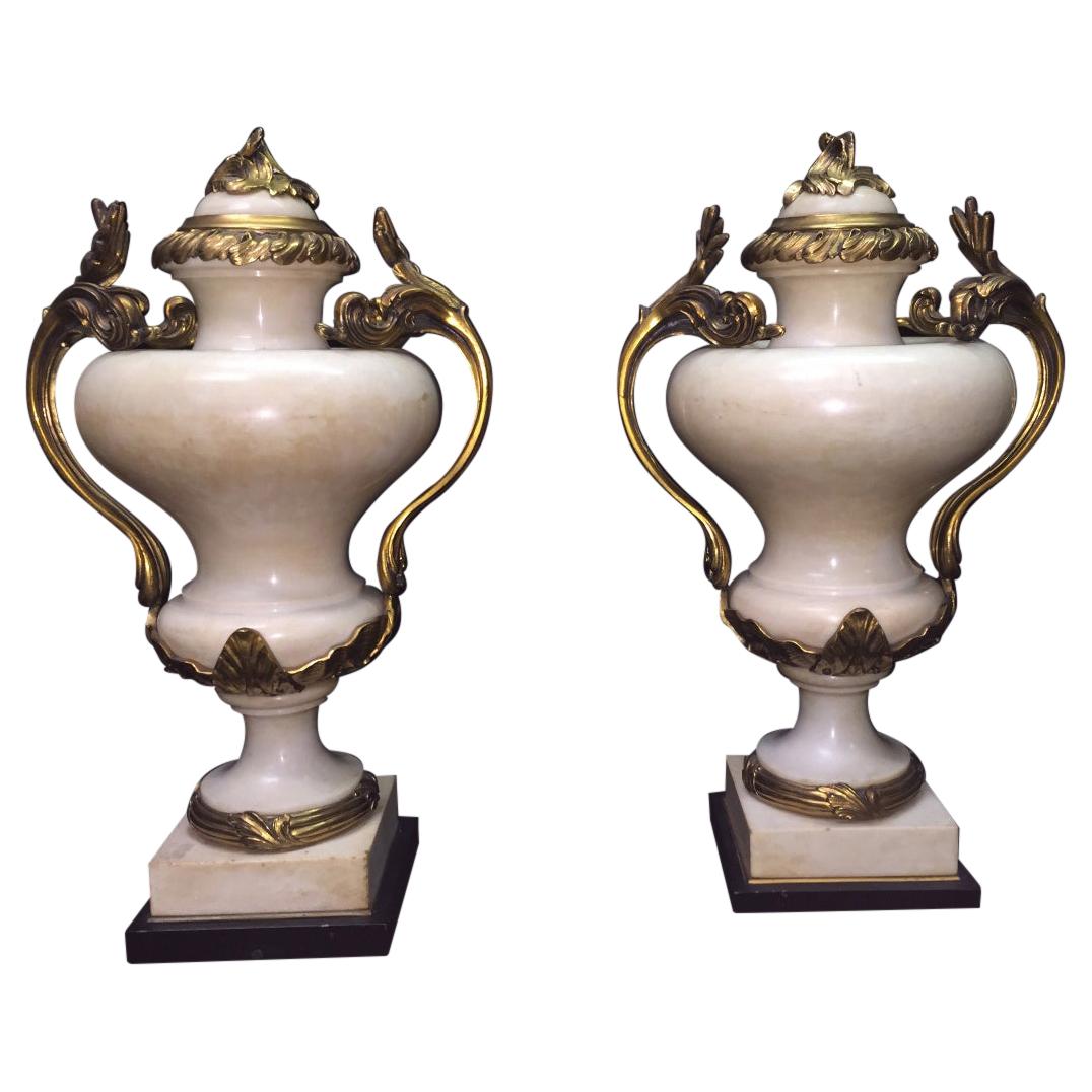 French Pair Ormolu Mounted Marble Urns, Signed E. KAHN