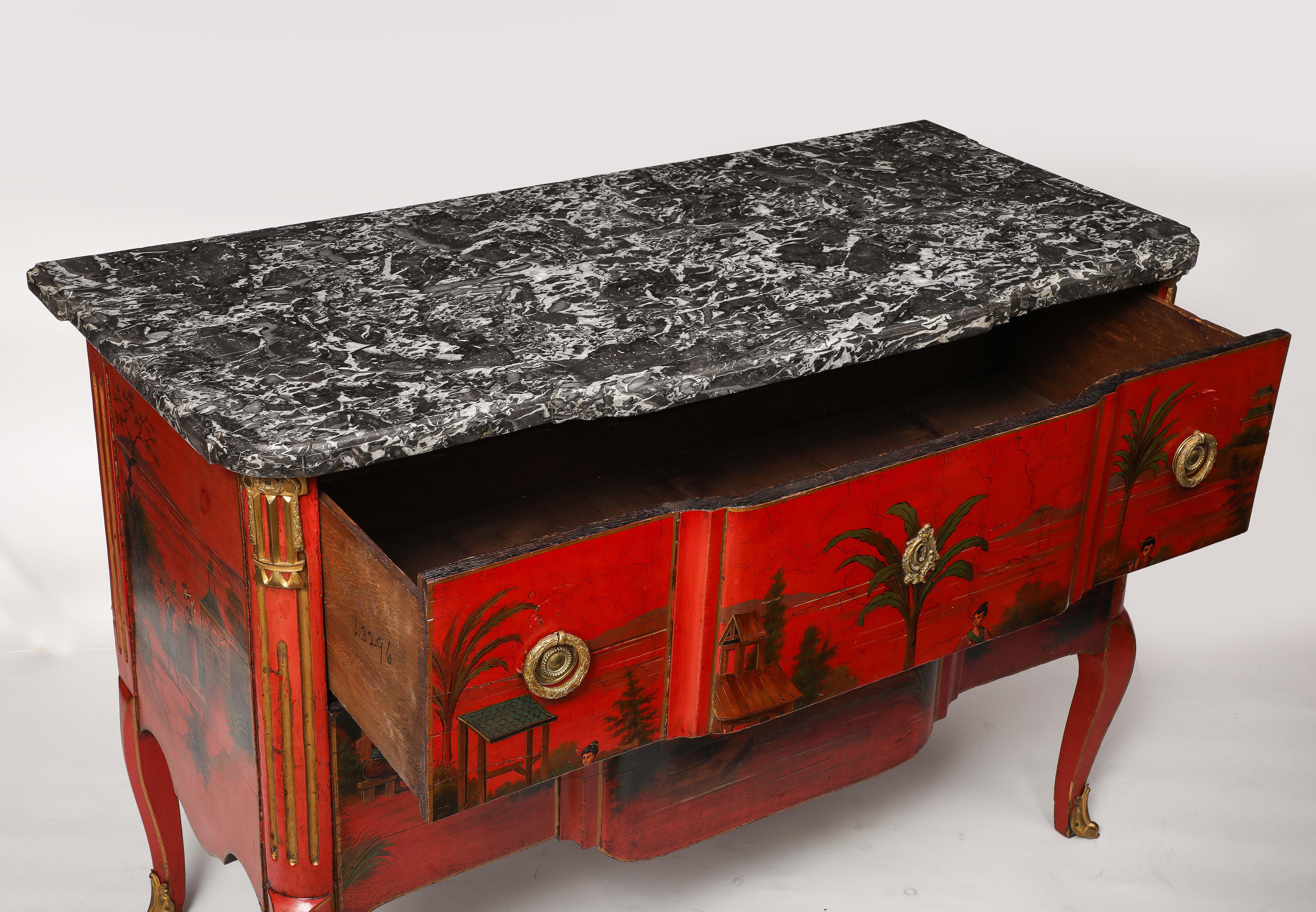 Pair French Ormolu Mounted Chinoiserie Red Lacquer Commodes, François Boucher For Sale 4