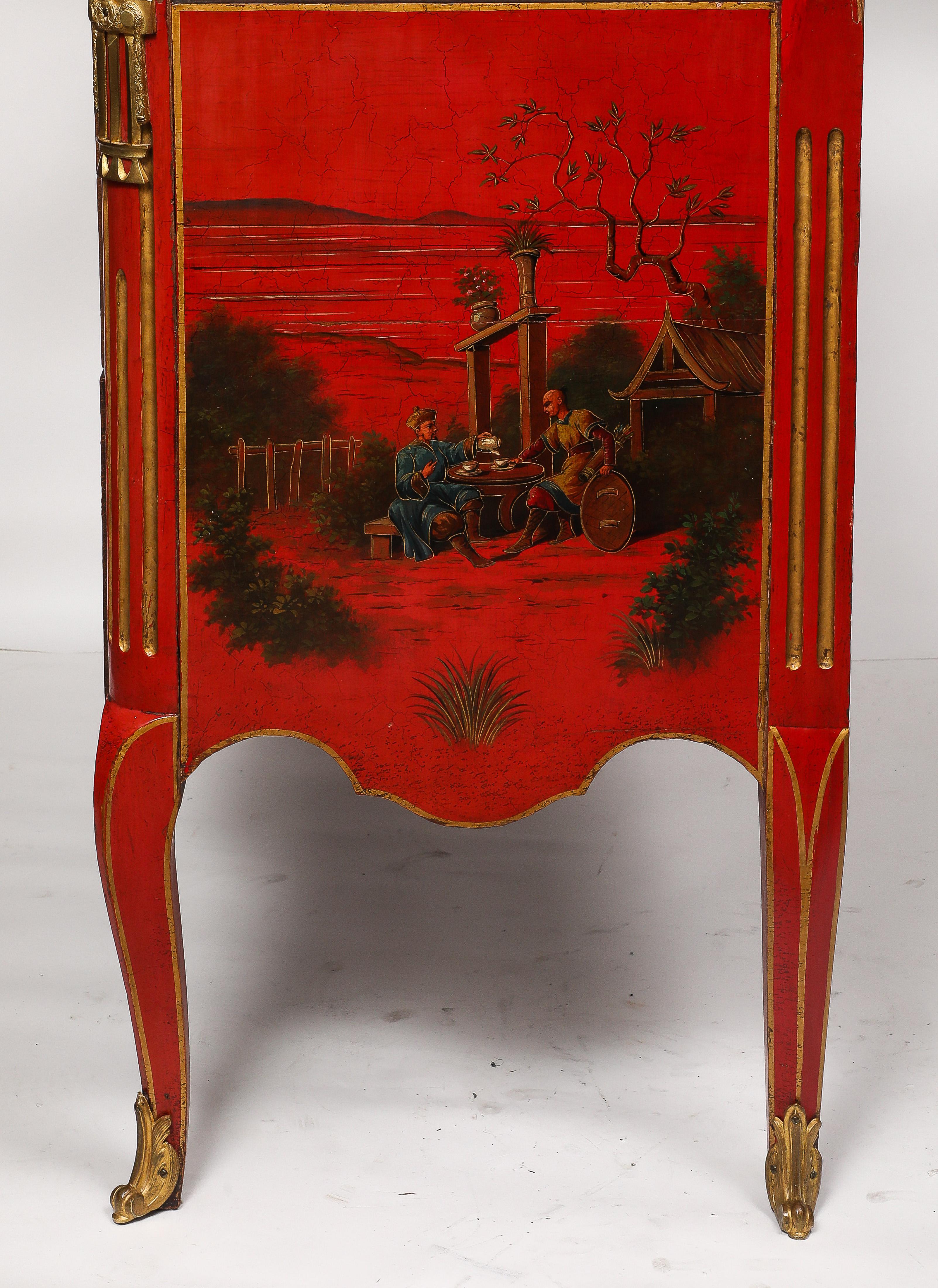 Pair French Ormolu Mounted Chinoiserie Red Lacquer Commodes, François Boucher For Sale 11