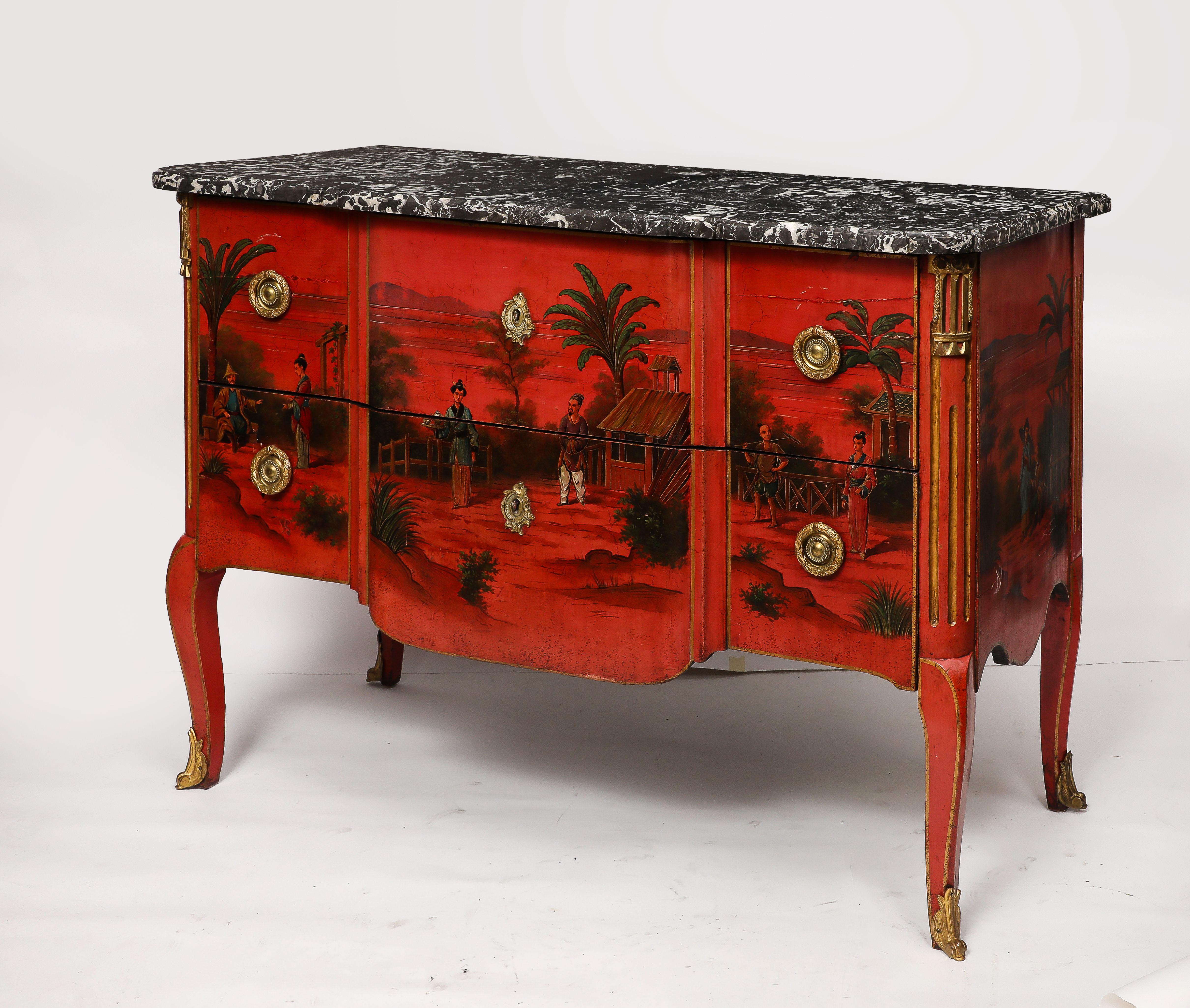 Pair of French Ormolu Mounted Chinoiserie Red Lacquer Commodes with marble tops, after François Boucher.  Decorated with richly detailed Chinoiserie scenes after designs by François Boucher, this pair of French lacquered commodes reflect the