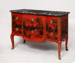 Pair French Ormolu Mounted Chinoiserie Red Lacquer Commodes, François Boucher