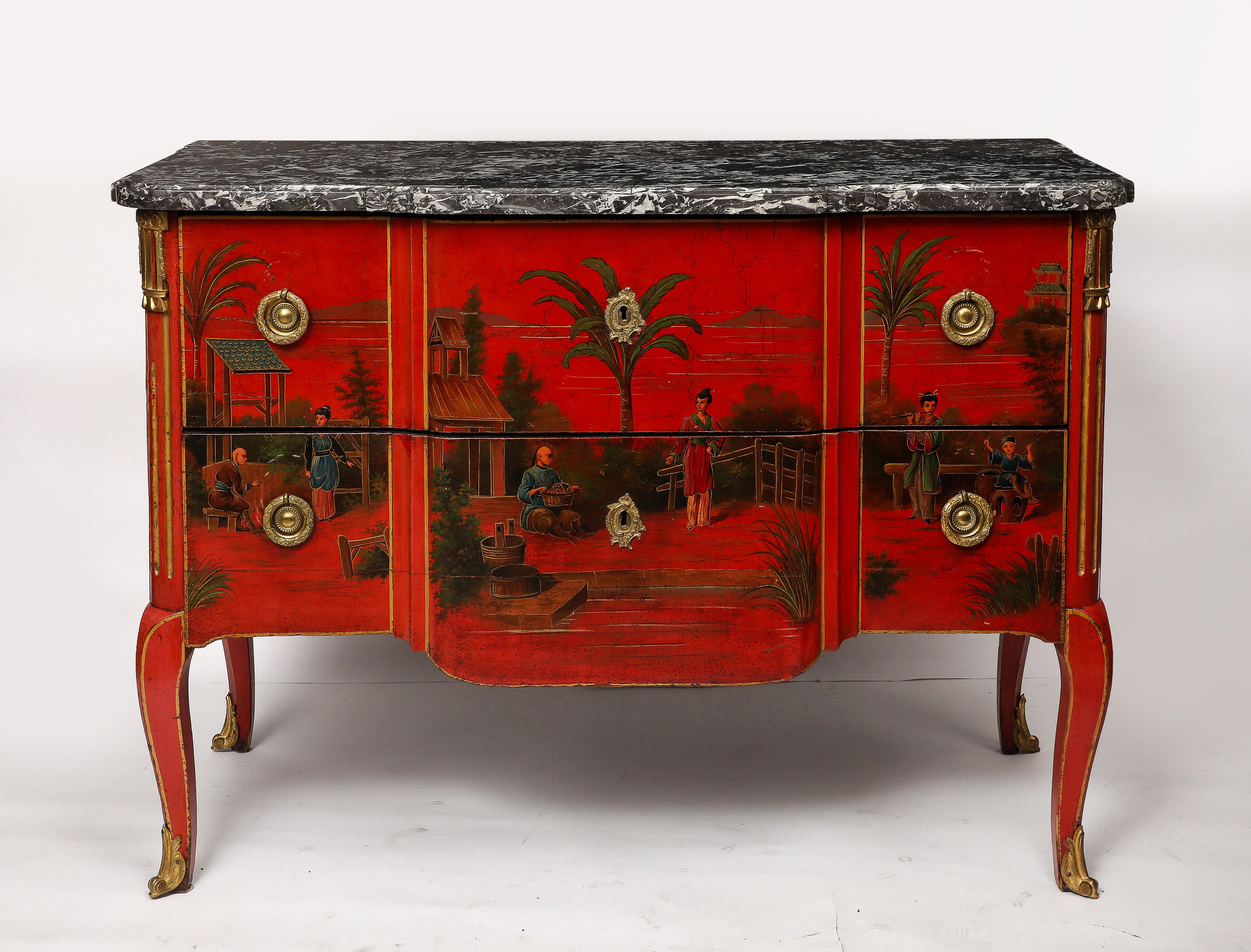Louis XVI Pair French Ormolu Mounted Chinoiserie Red Lacquer Commodes, François Boucher For Sale