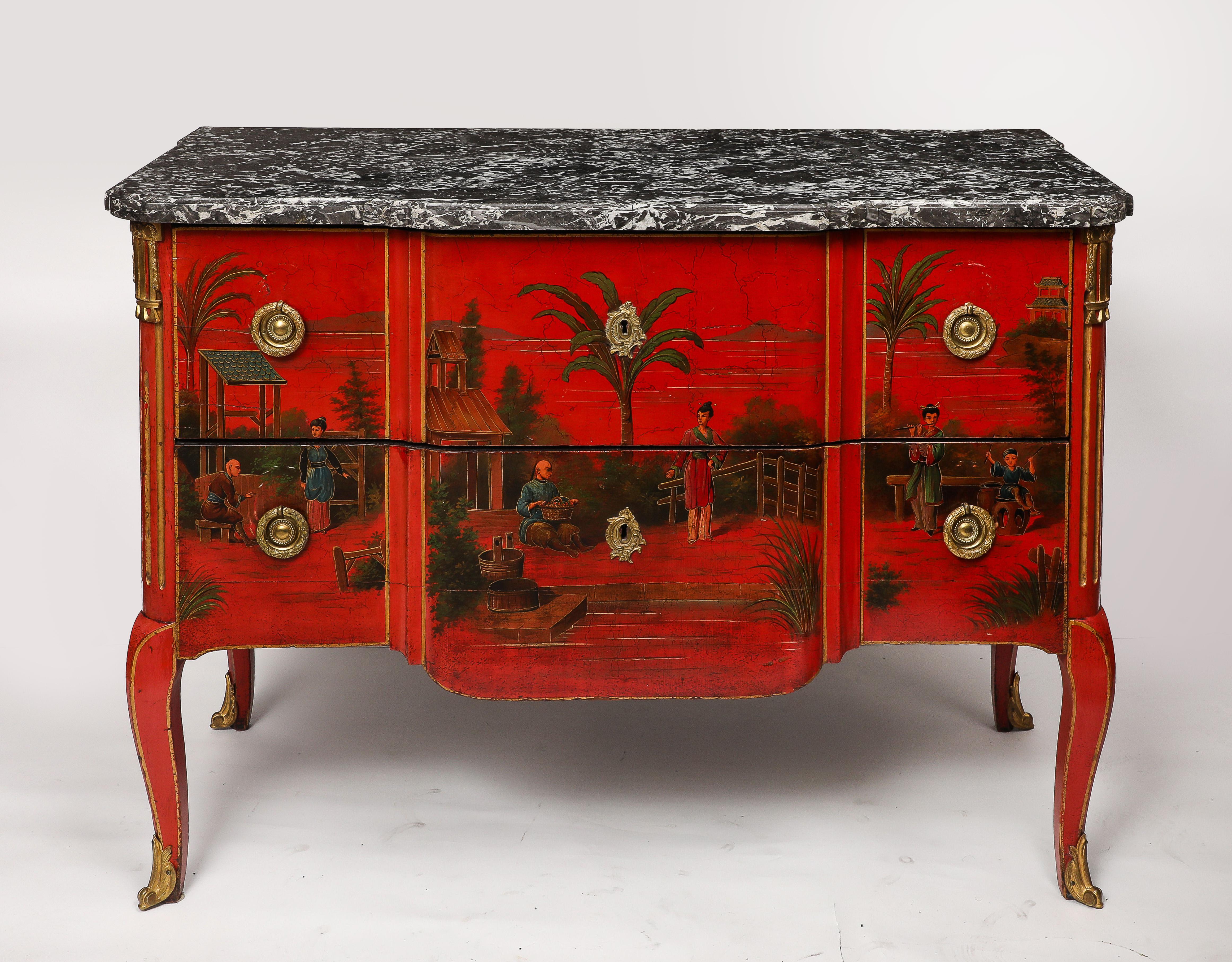 Hand-Painted Pair French Ormolu Mounted Chinoiserie Red Lacquer Commodes, François Boucher For Sale