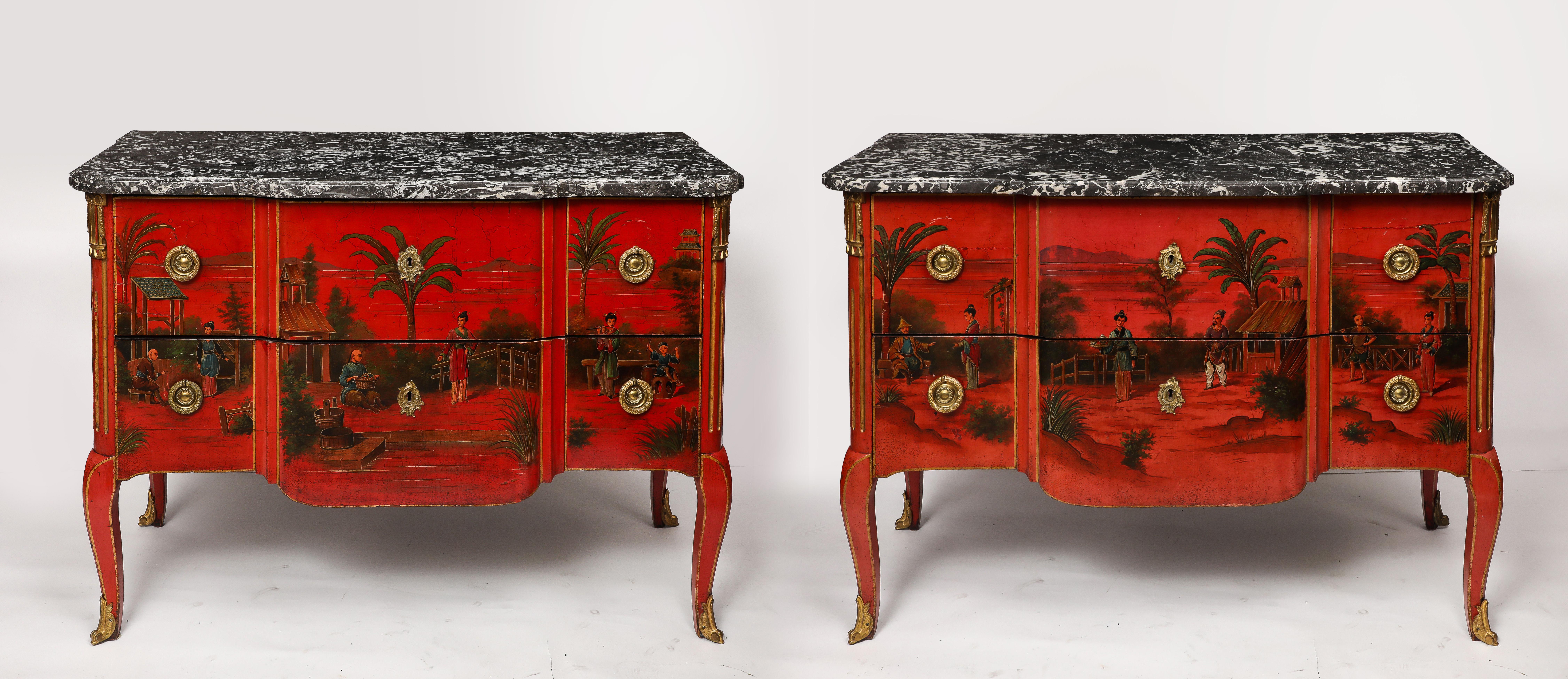 Pair French Ormolu Mounted Chinoiserie Red Lacquer Commodes, François Boucher In Good Condition For Sale In New York, NY