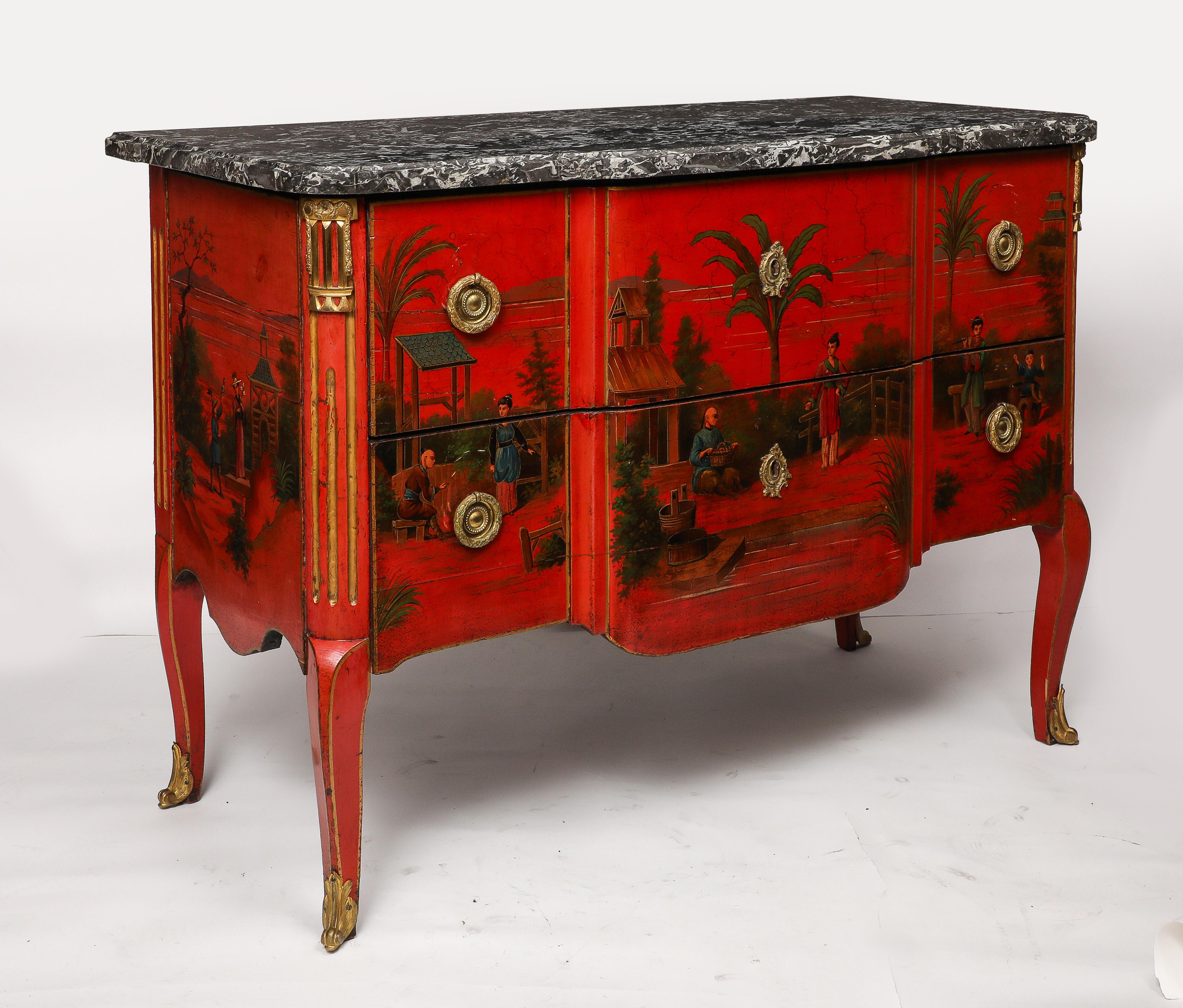 19th Century Pair French Ormolu Mounted Chinoiserie Red Lacquer Commodes, François Boucher For Sale