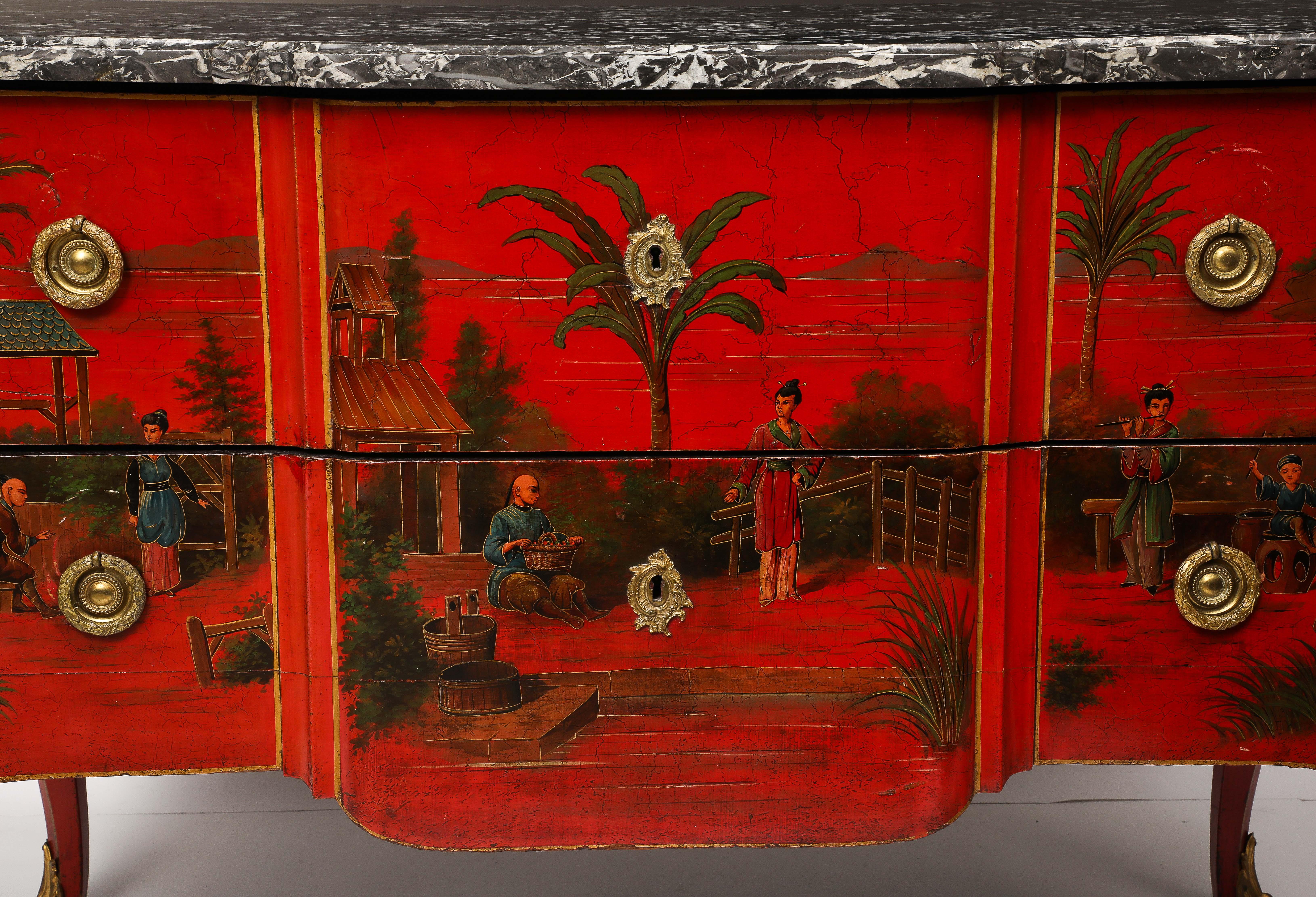 Pair French Ormolu Mounted Chinoiserie Red Lacquer Commodes, François Boucher For Sale 2
