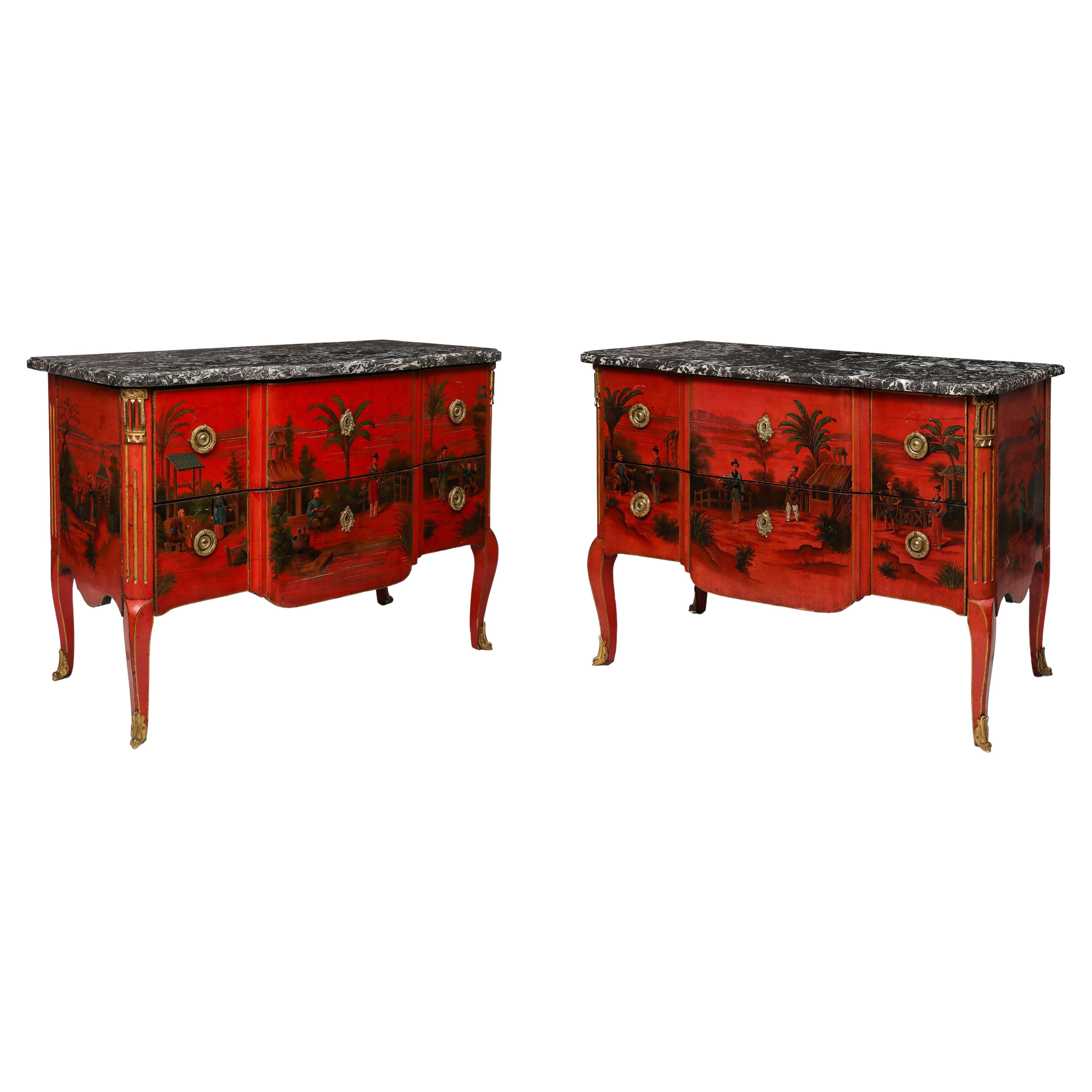 Pair French Ormolu Mounted Chinoiserie Red Lacquer Commodes, François Boucher For Sale