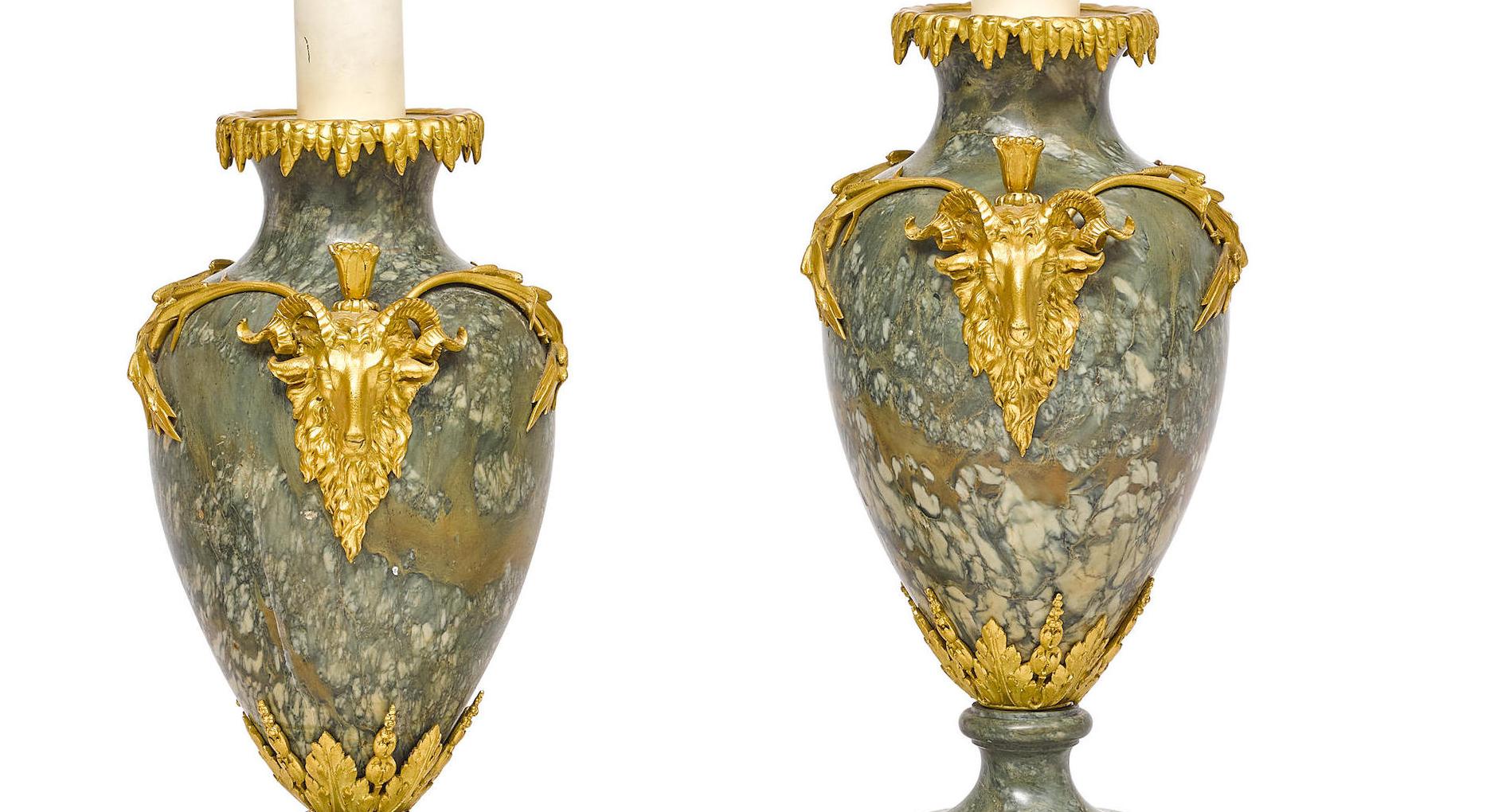 Pair of French Ormolu Mounted Marble Urns, Signed GJL 8